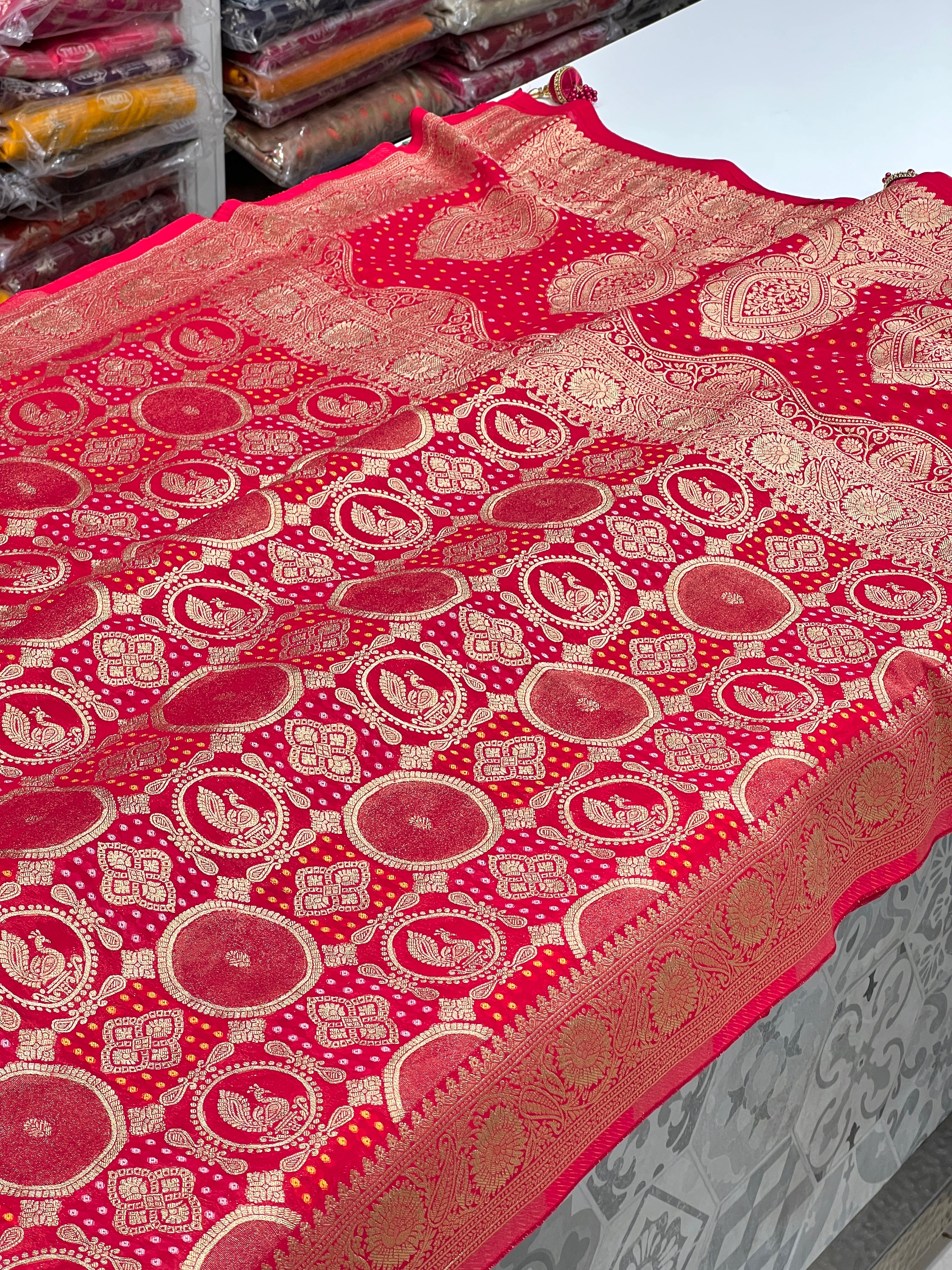 Reddish Pink Georgette Peacock Theme Saree