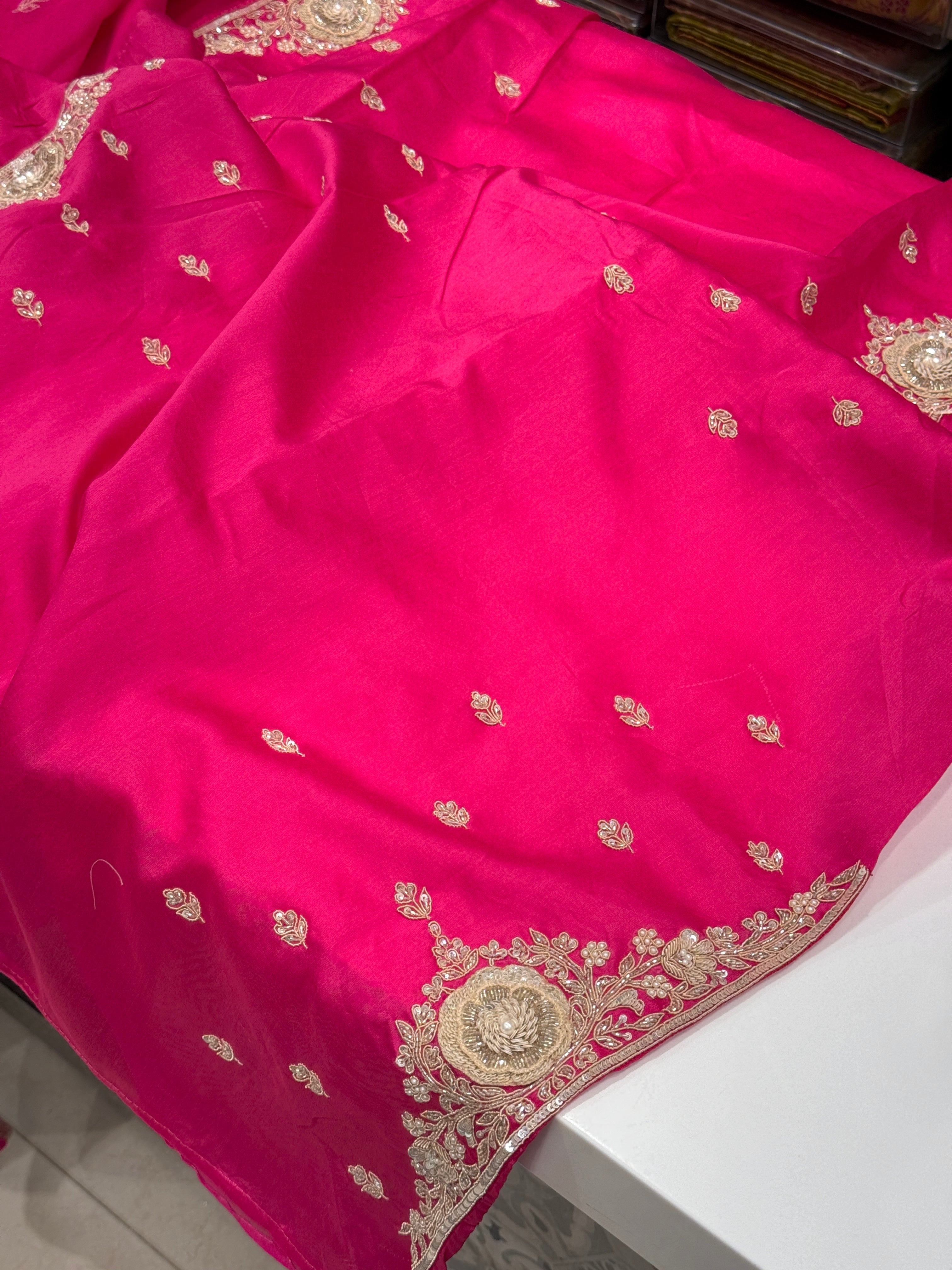 Rani Organza Zardozi Hand Embroidery Saree