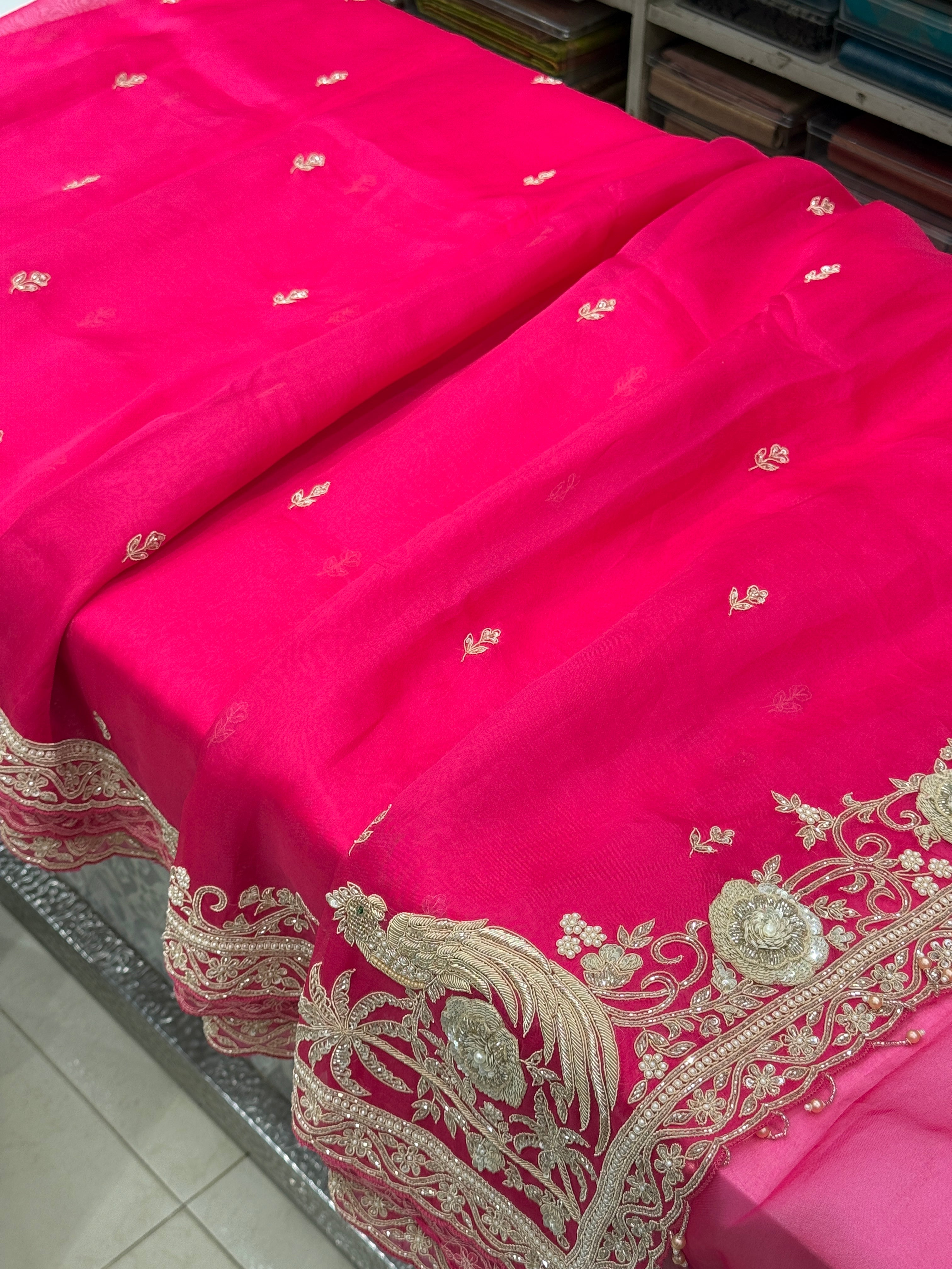 Rani Organza Zardozi Hand Embroidery Saree