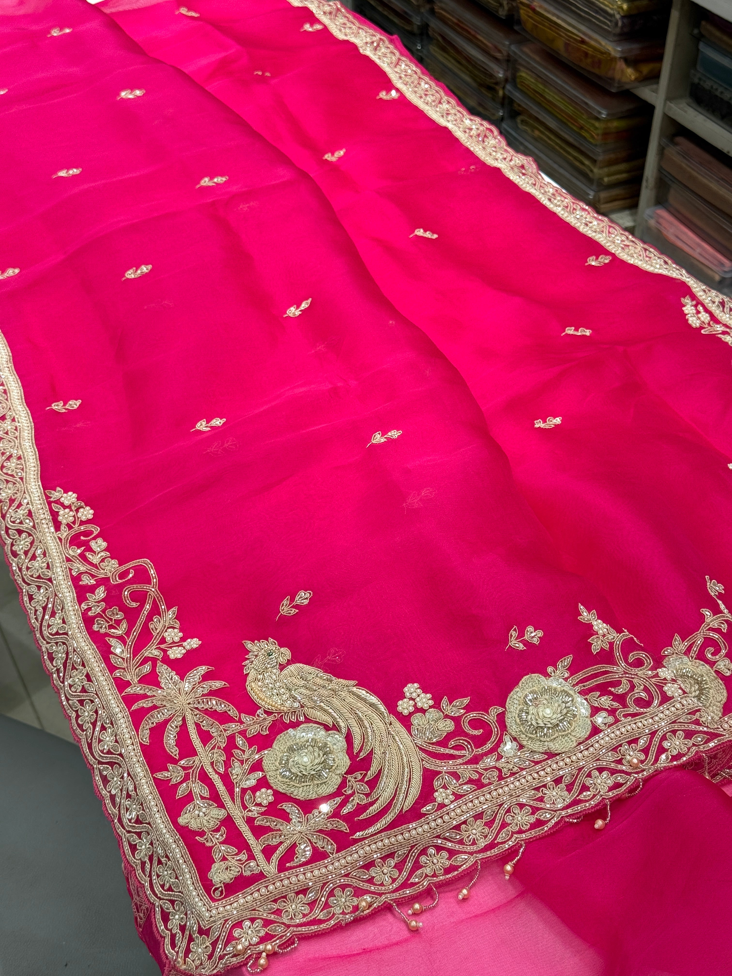 Rani Organza Zardozi Hand Embroidery Saree