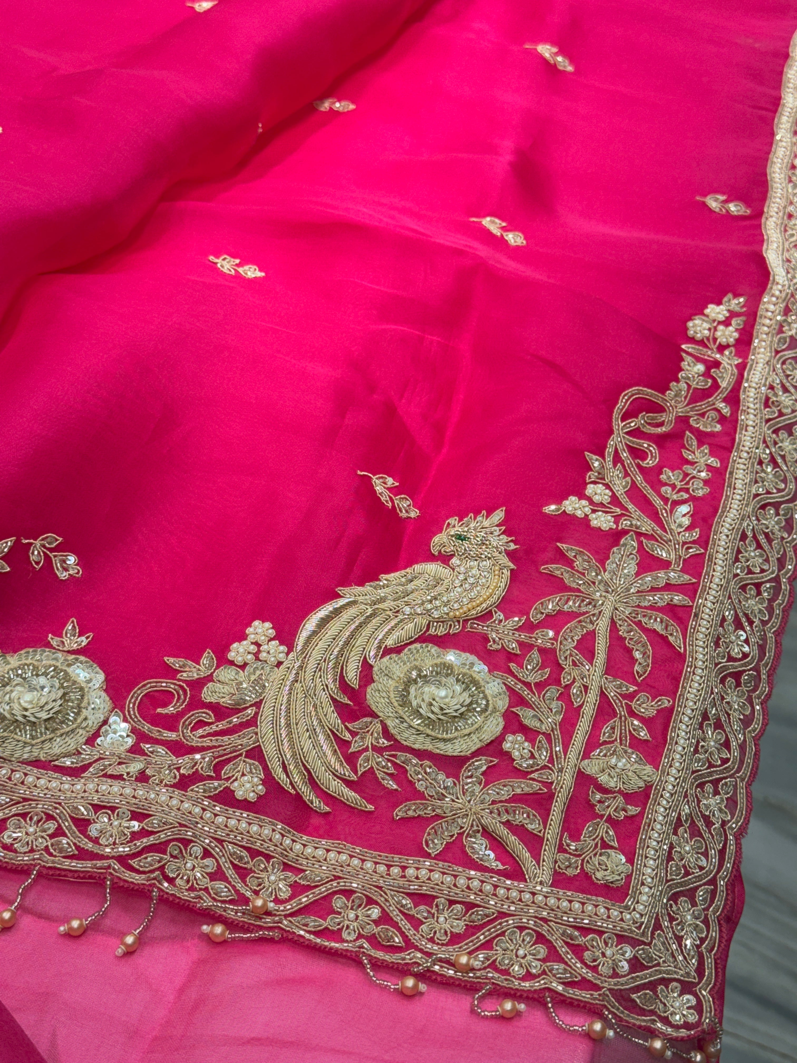 Rani Organza Zardozi Hand Embroidery Saree