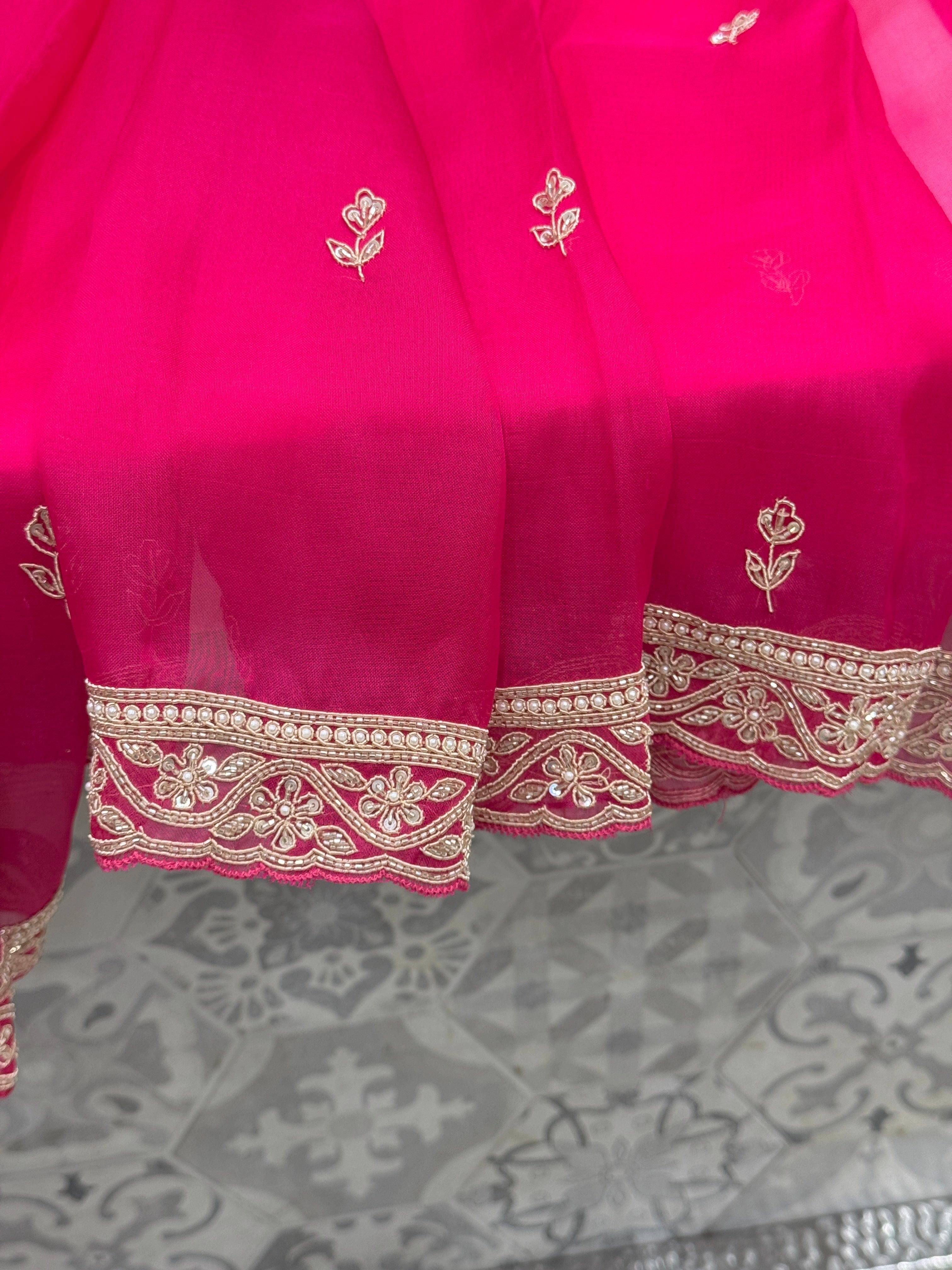 Rani Organza Zardozi Hand Embroidery Saree