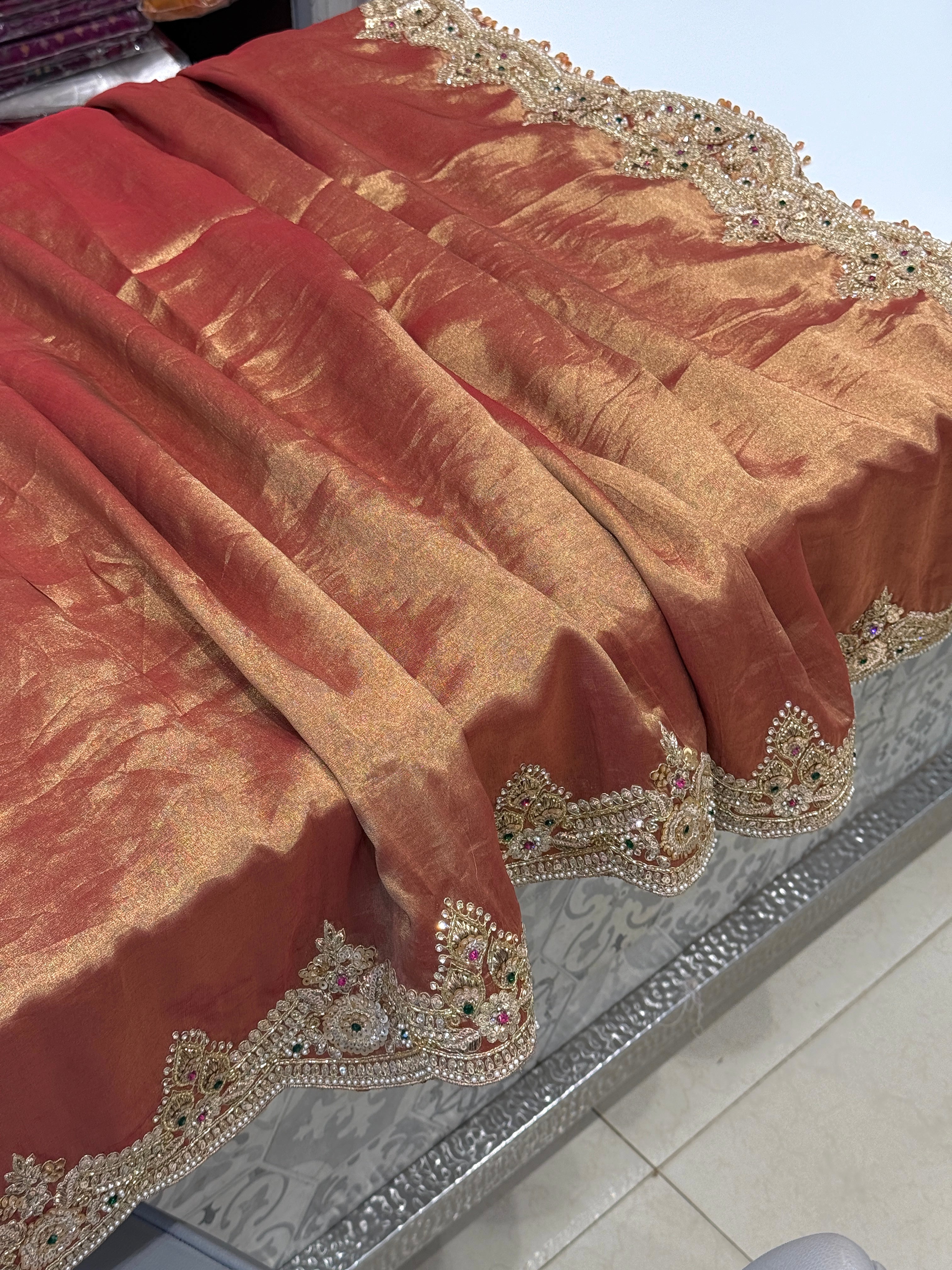 Golden Red Tissue Saree with Ready Blouse
