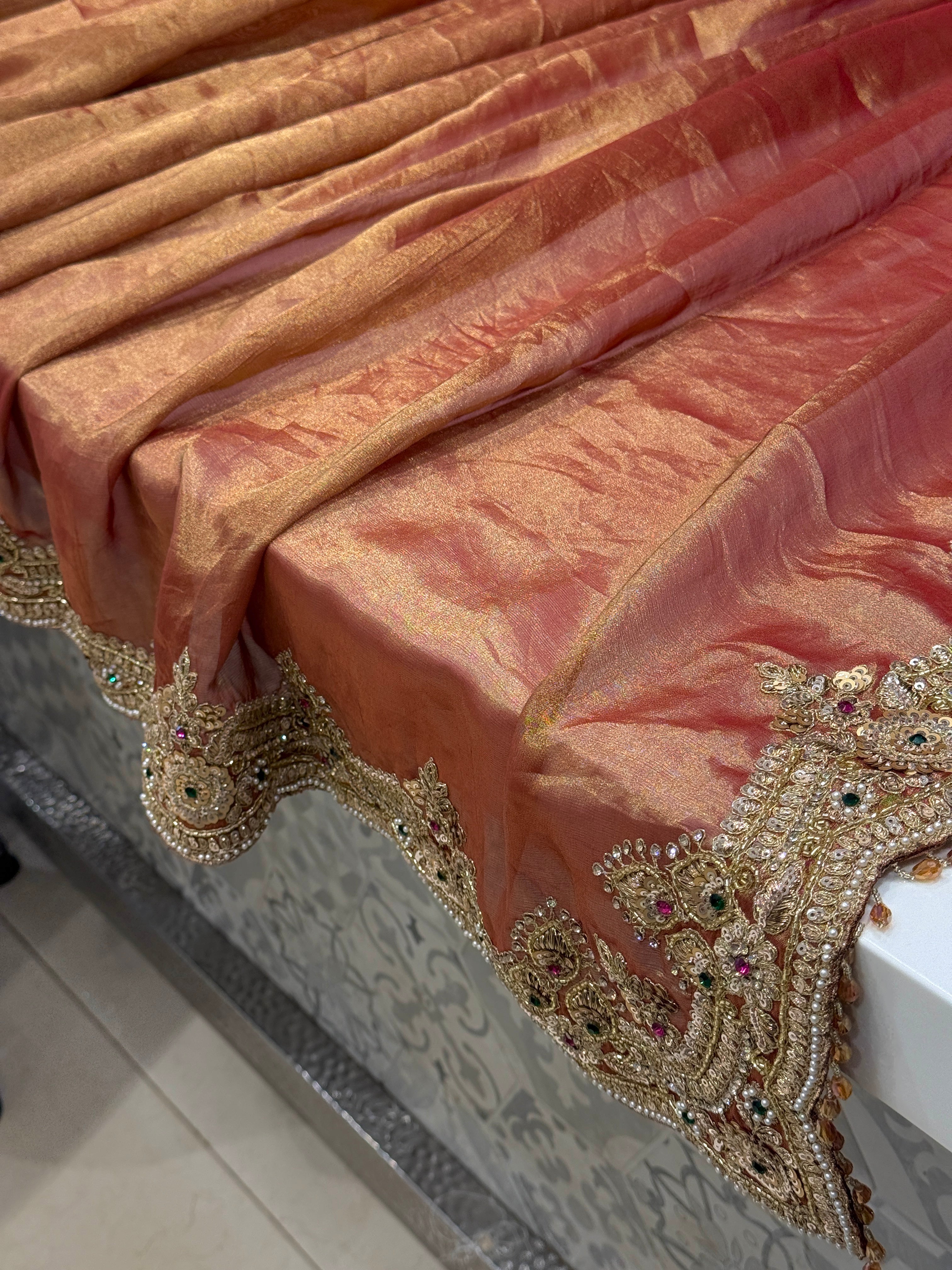 Golden Red Tissue Saree with Ready Blouse