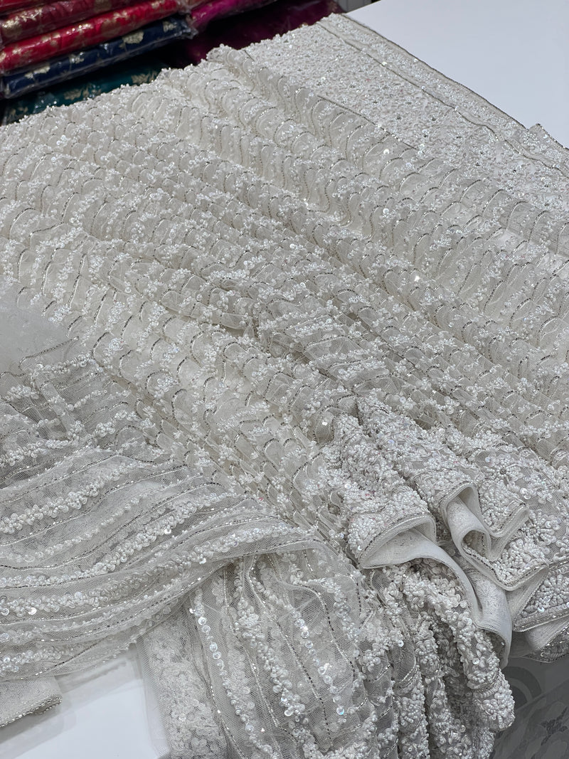 White Soft Net Hand Embroidery Saree