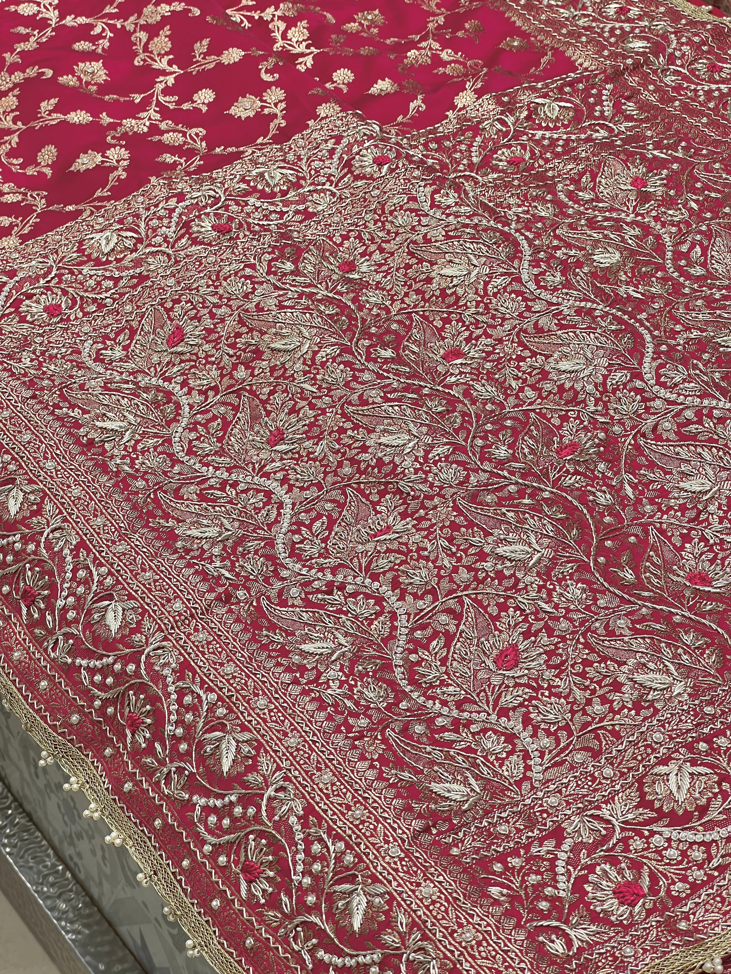 Rani Banarasi Upside Down Border Hand Embroidery Saree