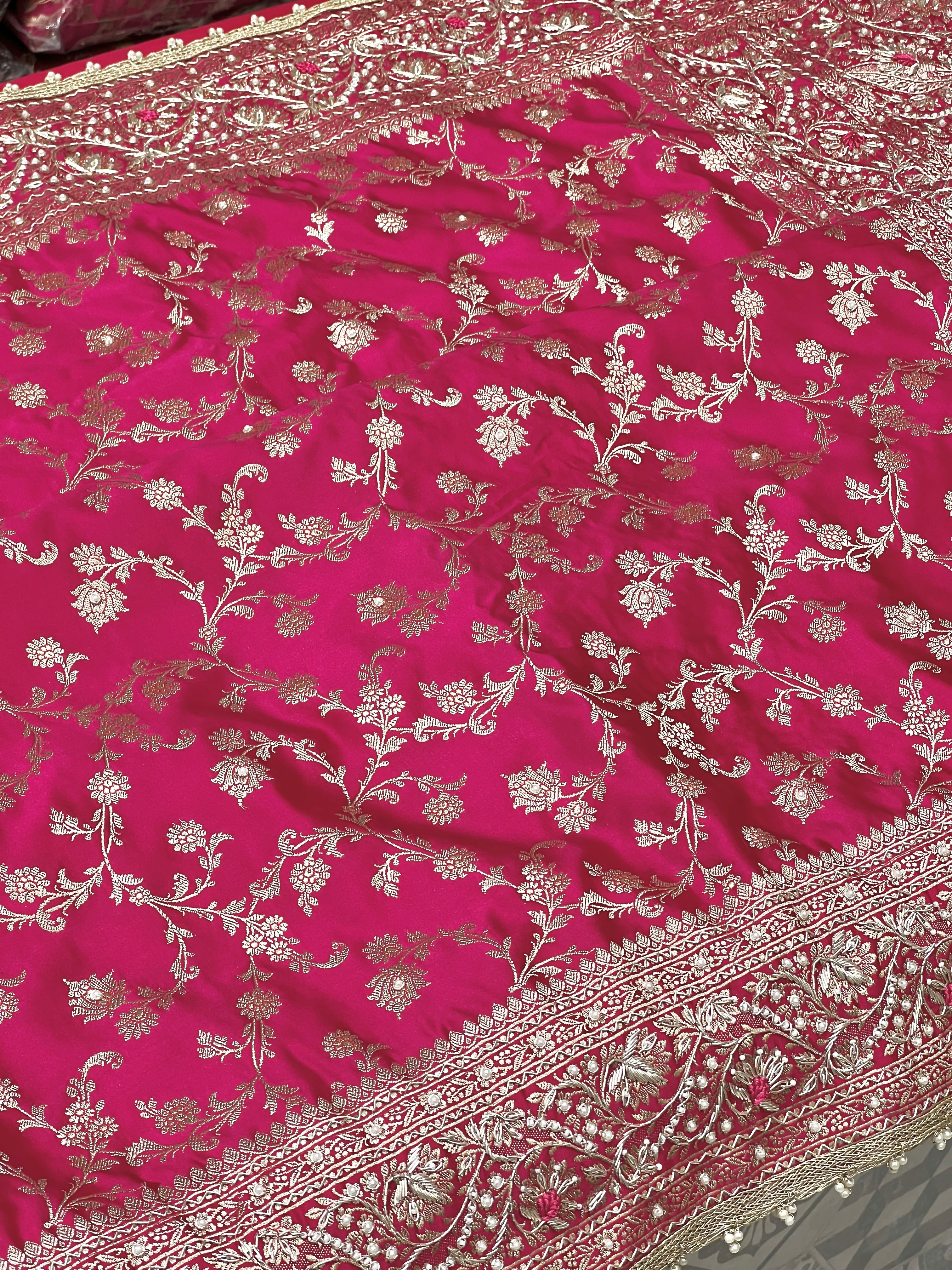 Rani Banarasi Upside Down Border Hand Embroidery Saree