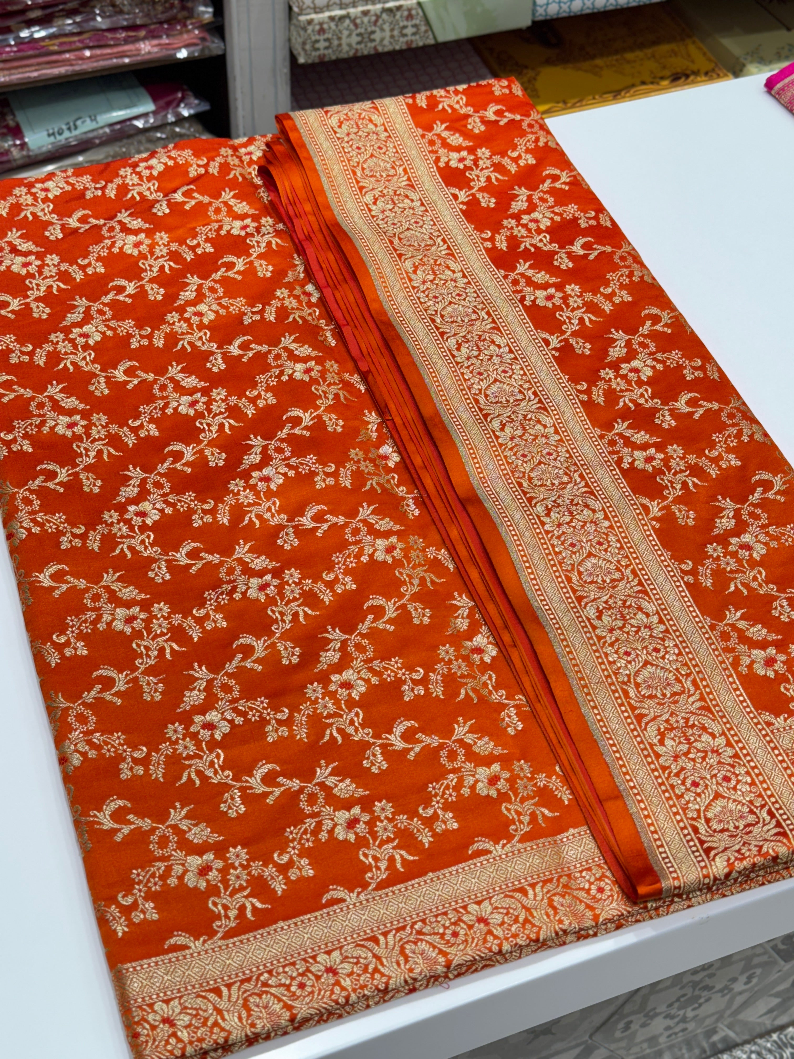 Orange Banarasi Silk Meena Flower Saree