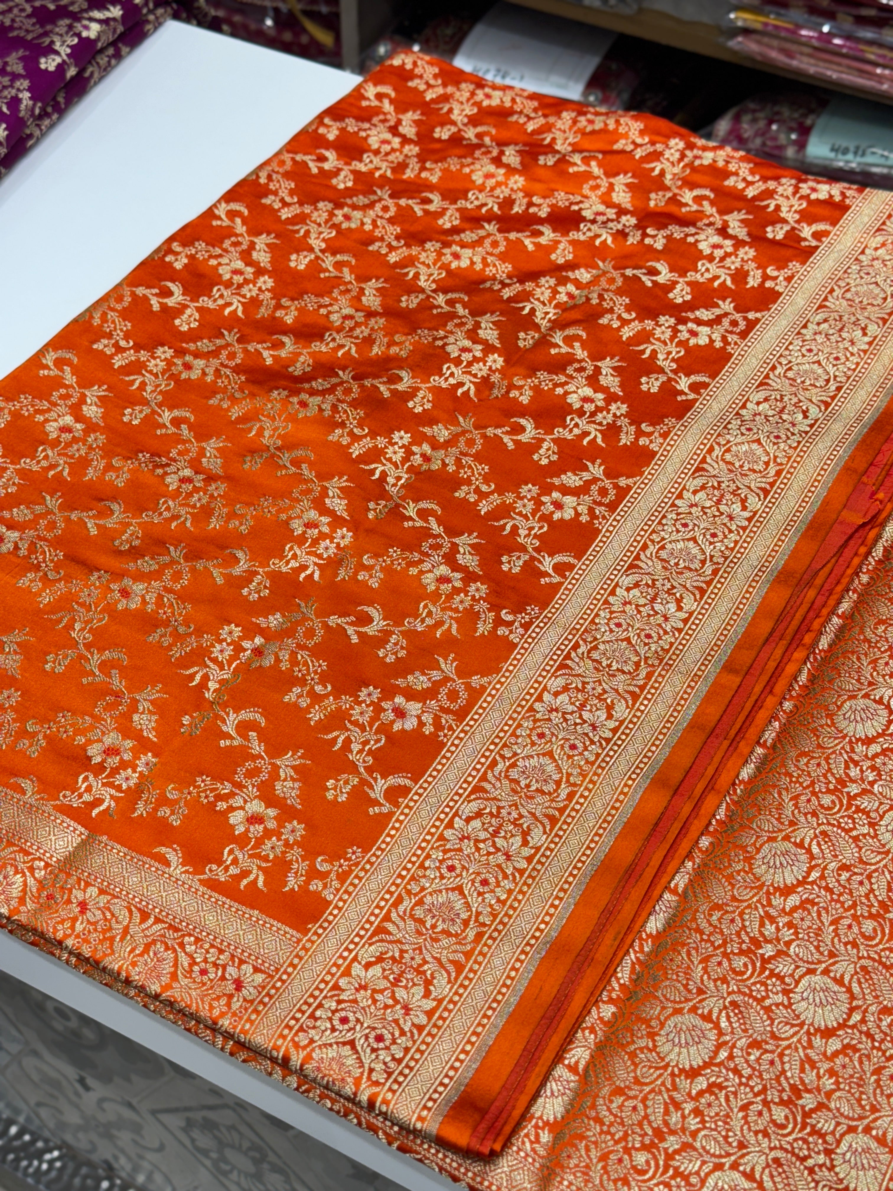 Orange Banarasi Silk Meena Flower Saree