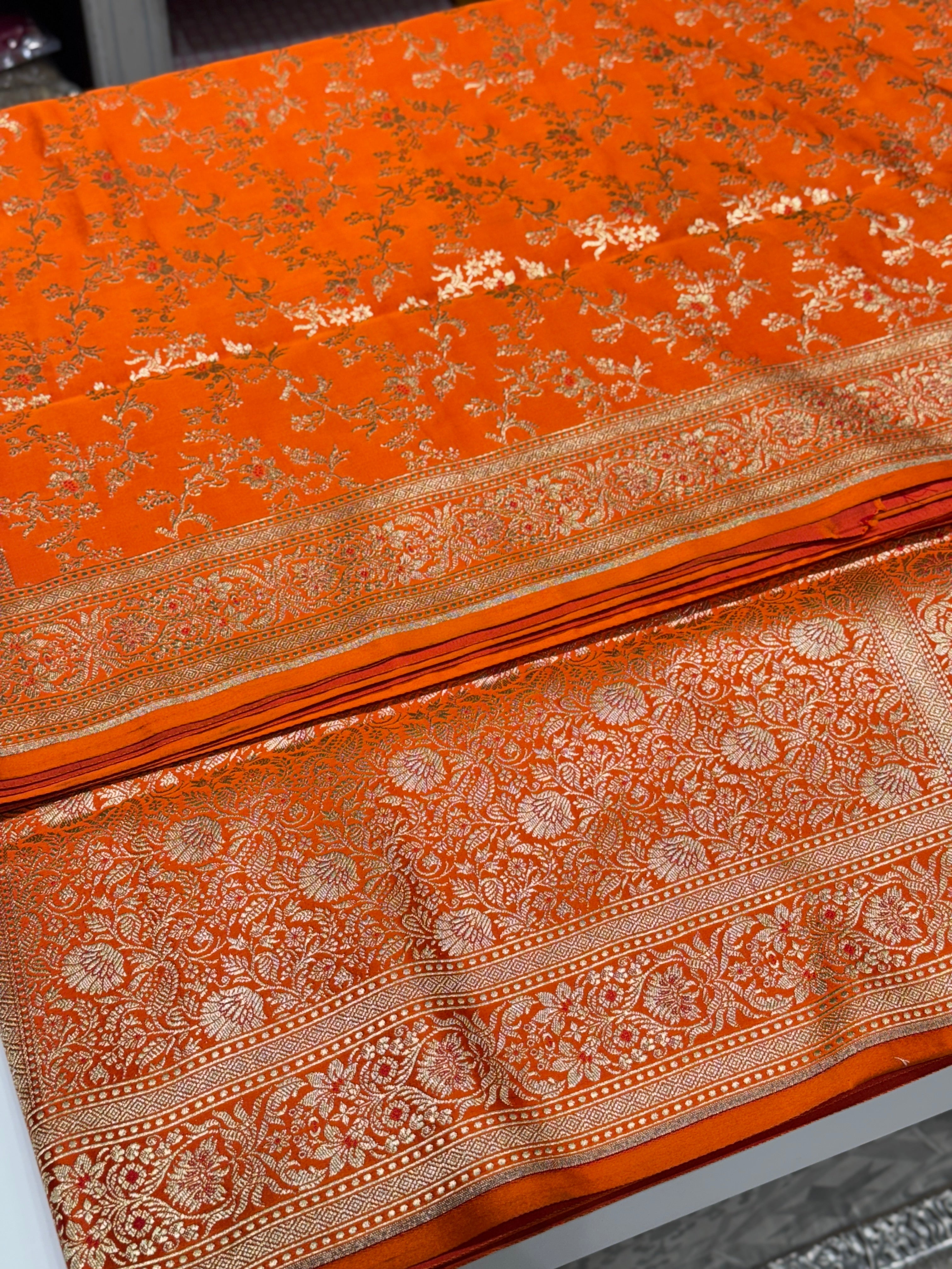 Orange Banarasi Silk Meena Flower Saree