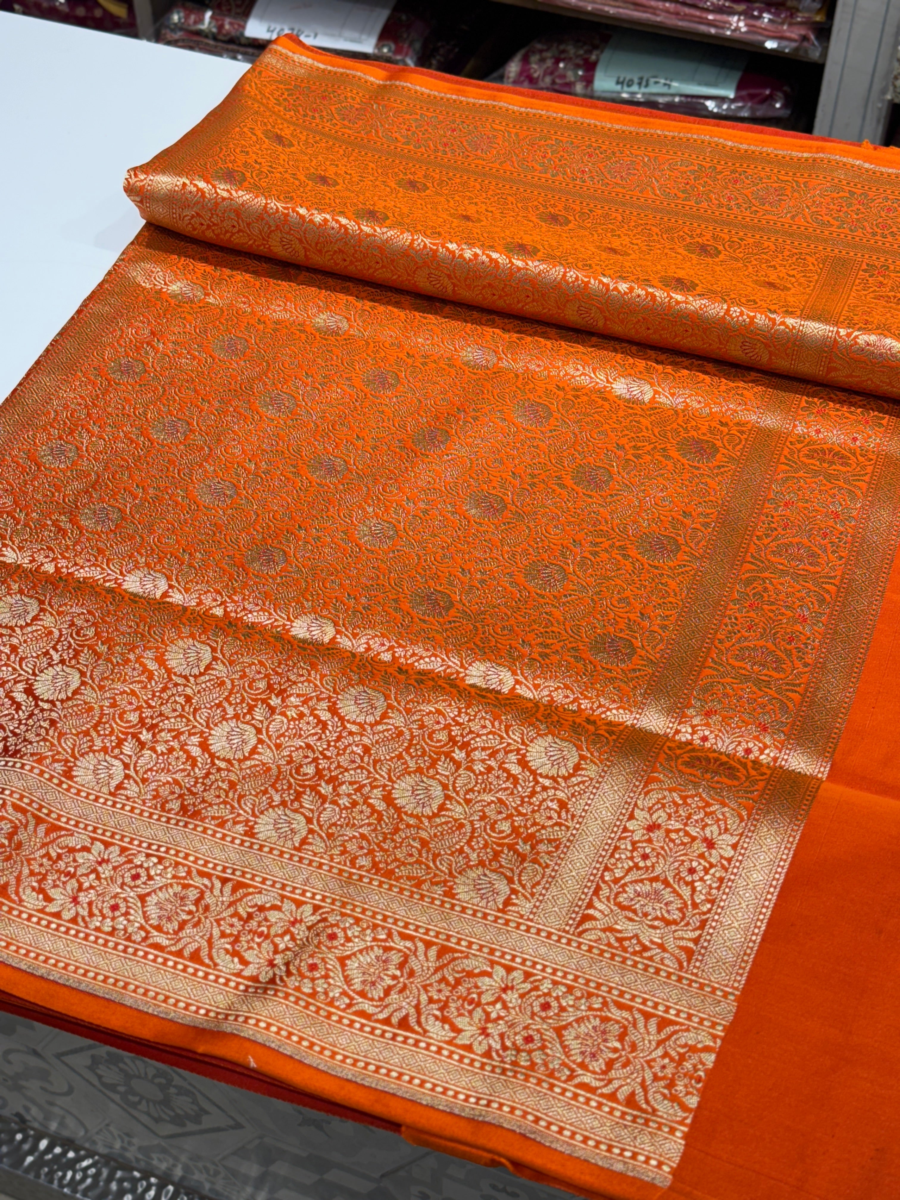 Orange Banarasi Silk Meena Flower Saree