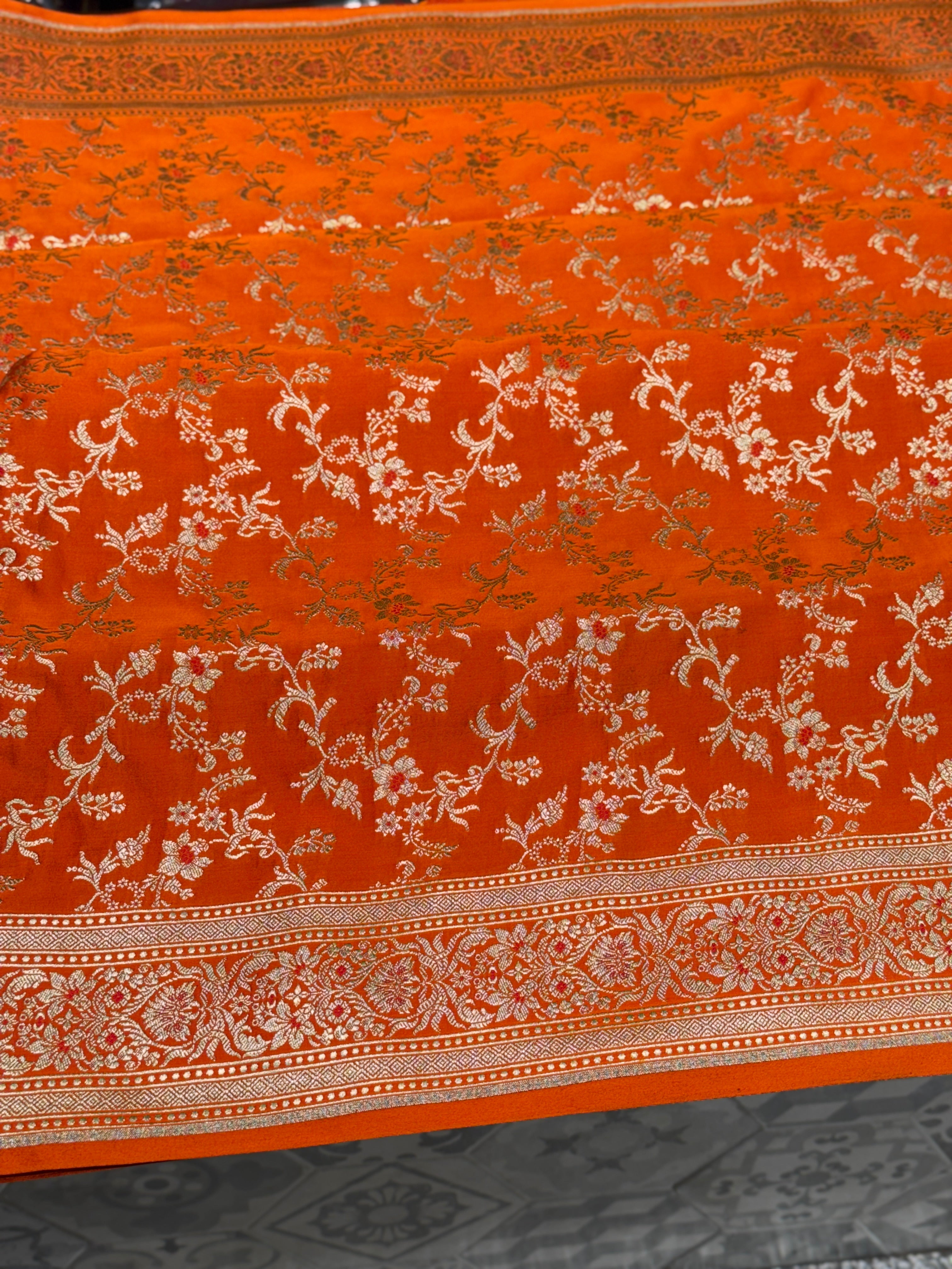 Orange Banarasi Silk Meena Flower Saree