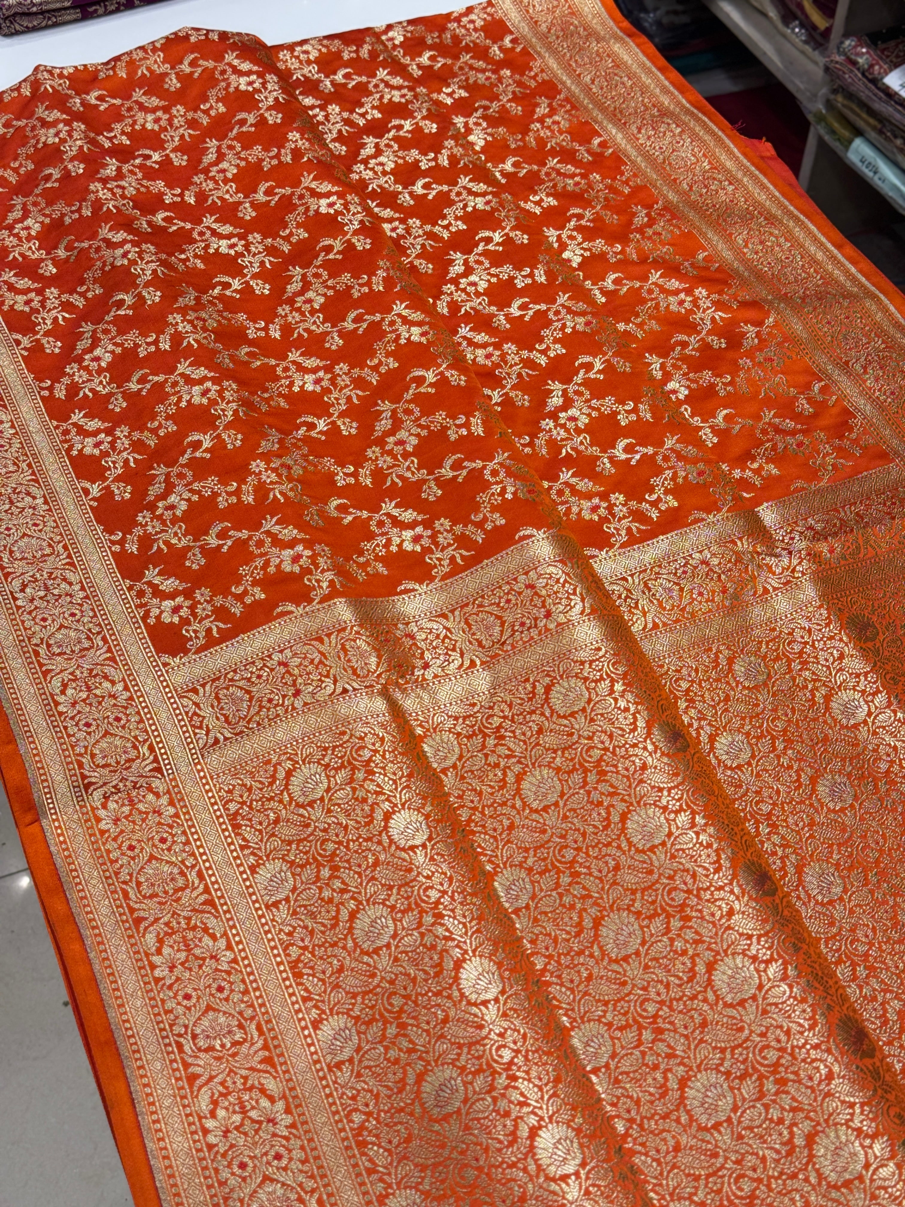 Orange Banarasi Silk Meena Flower Saree