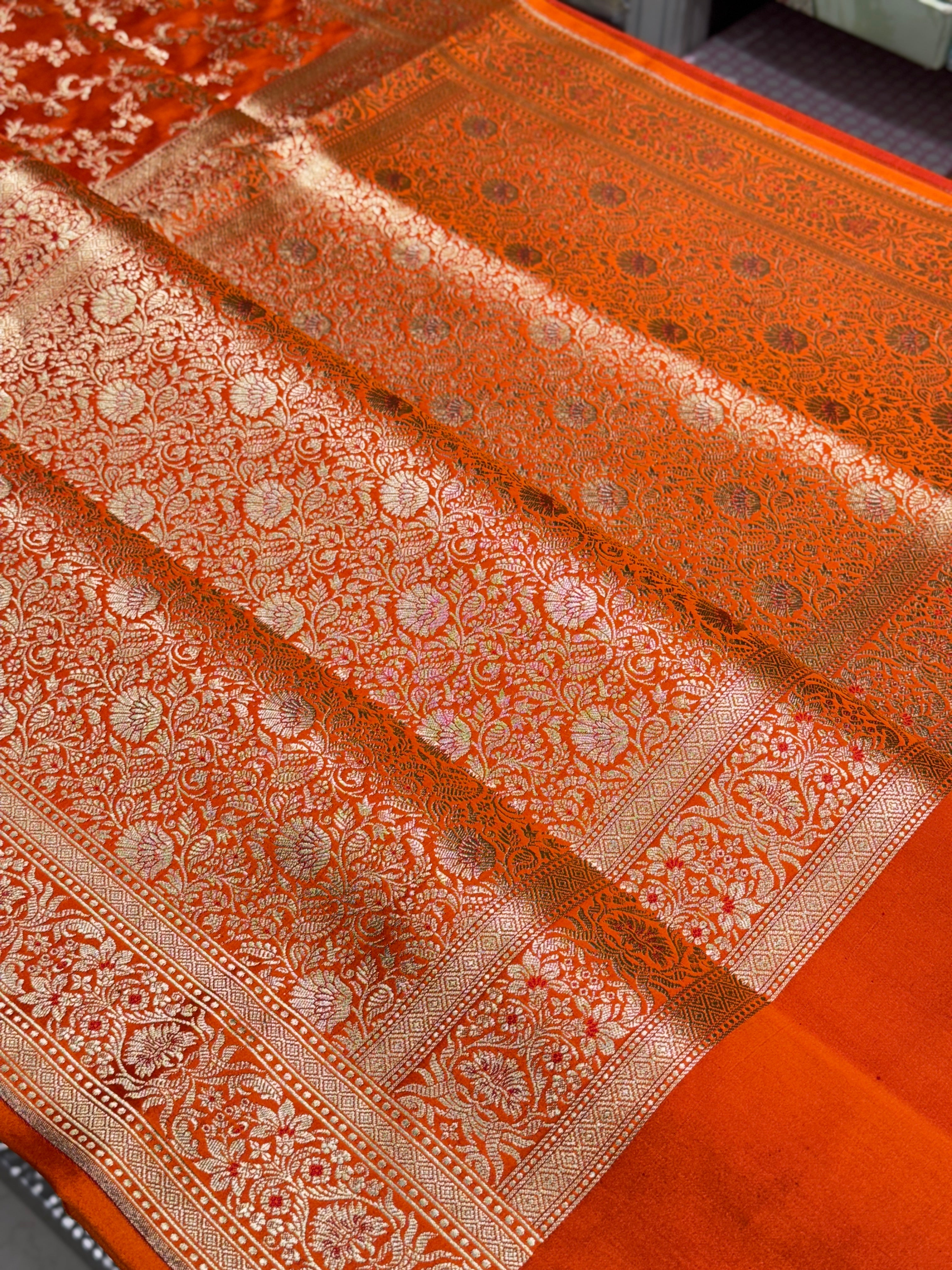 Orange Banarasi Silk Meena Flower Saree