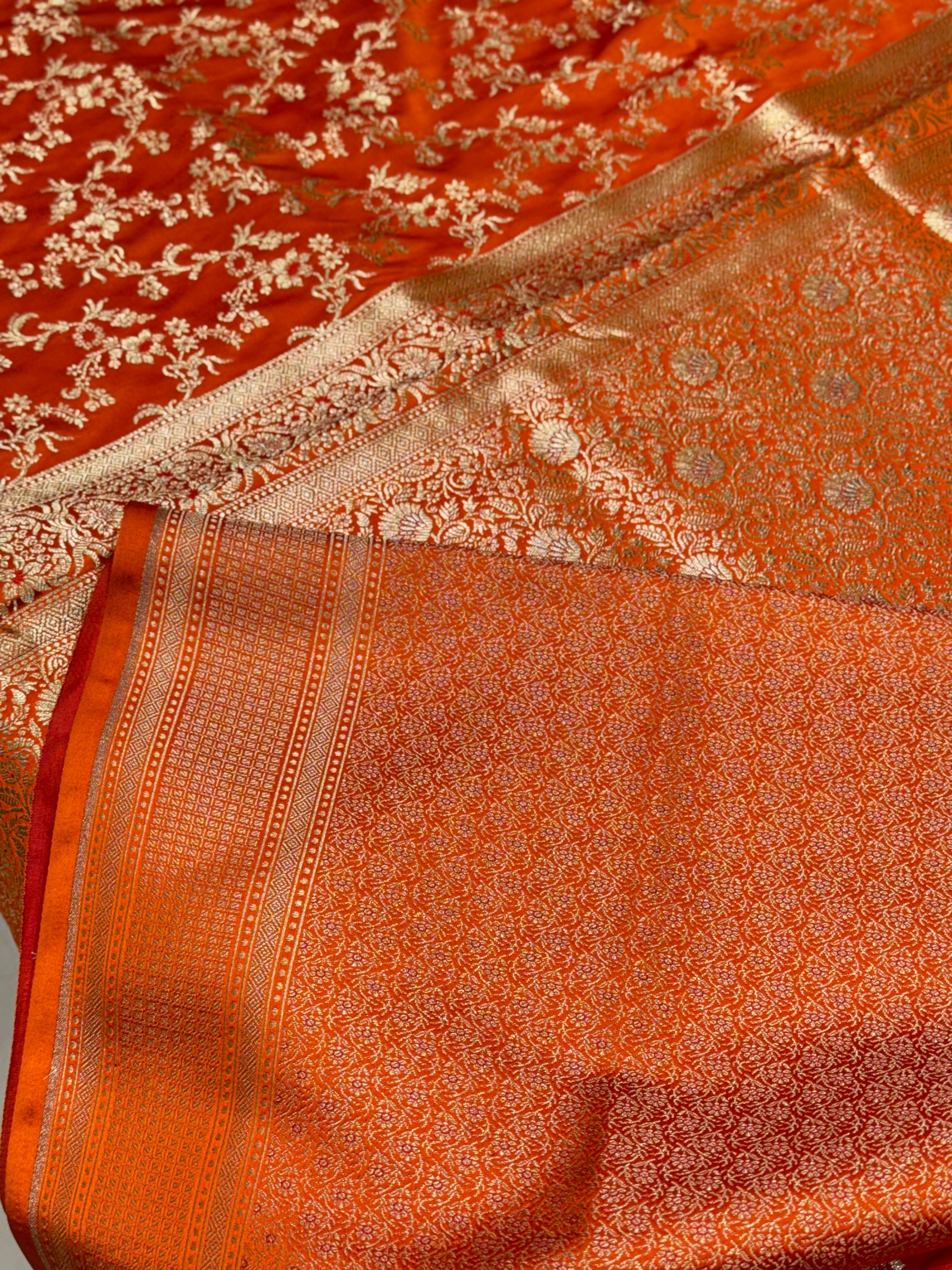 Orange Banarasi Silk Meena Flower Saree