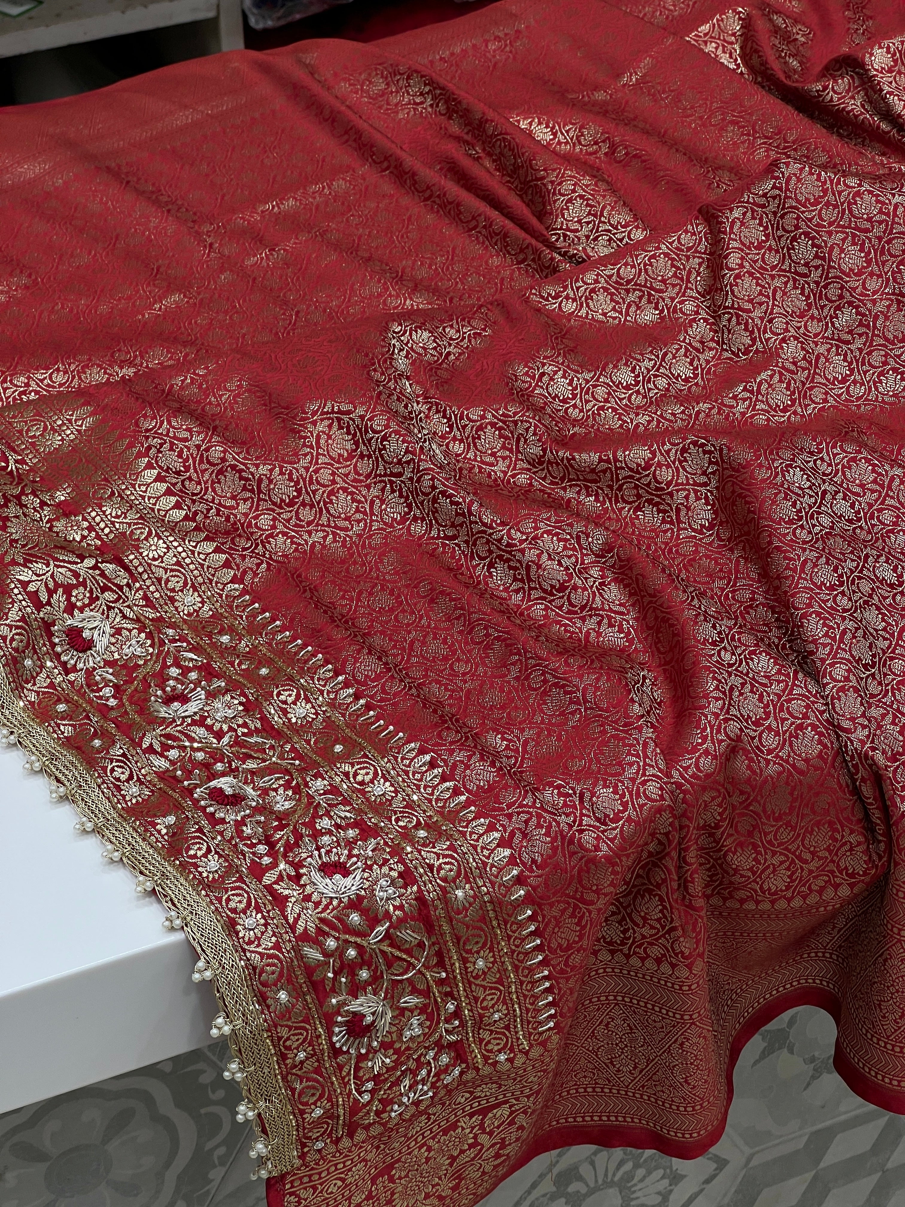 Maroon Banarasi Silk Butti Resham Hand Embroidery Saree