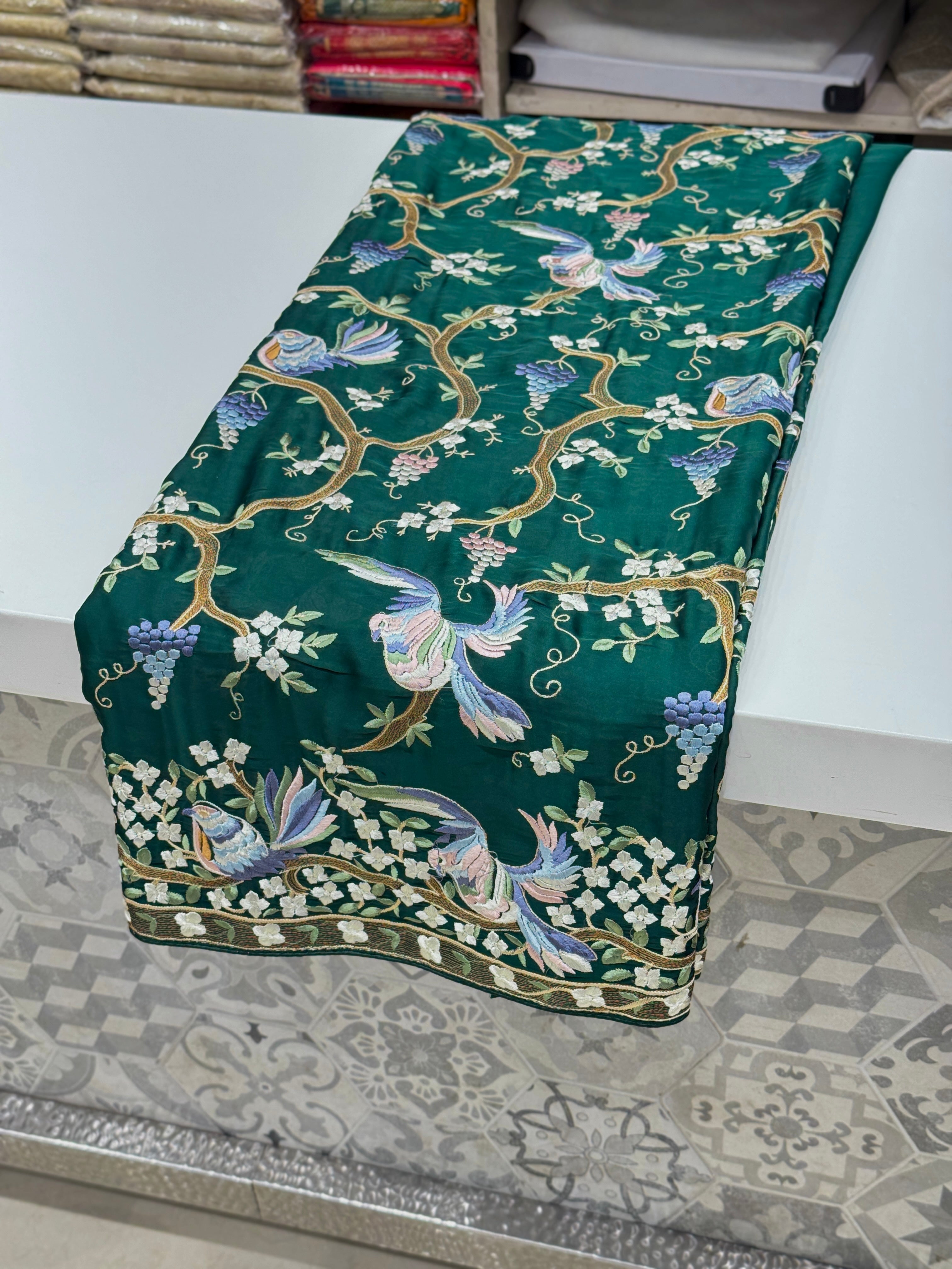 Bottle Green Crepe Parsi Gara Jaal Chakla Chakli Saree