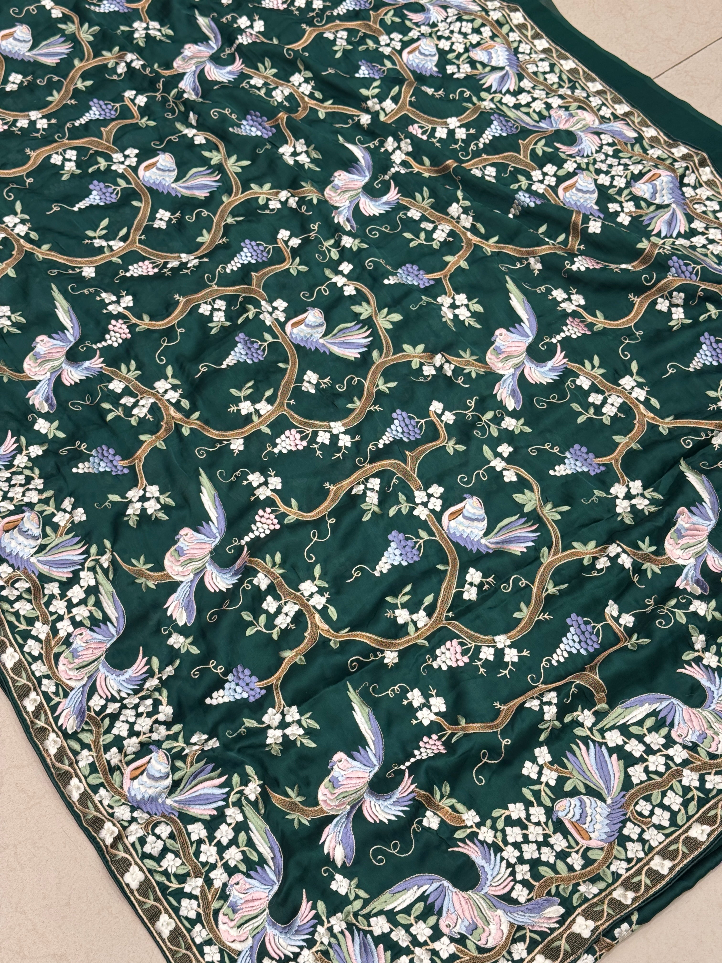 Bottle Green Crepe Parsi Gara Jaal Chakla Chakli Saree
