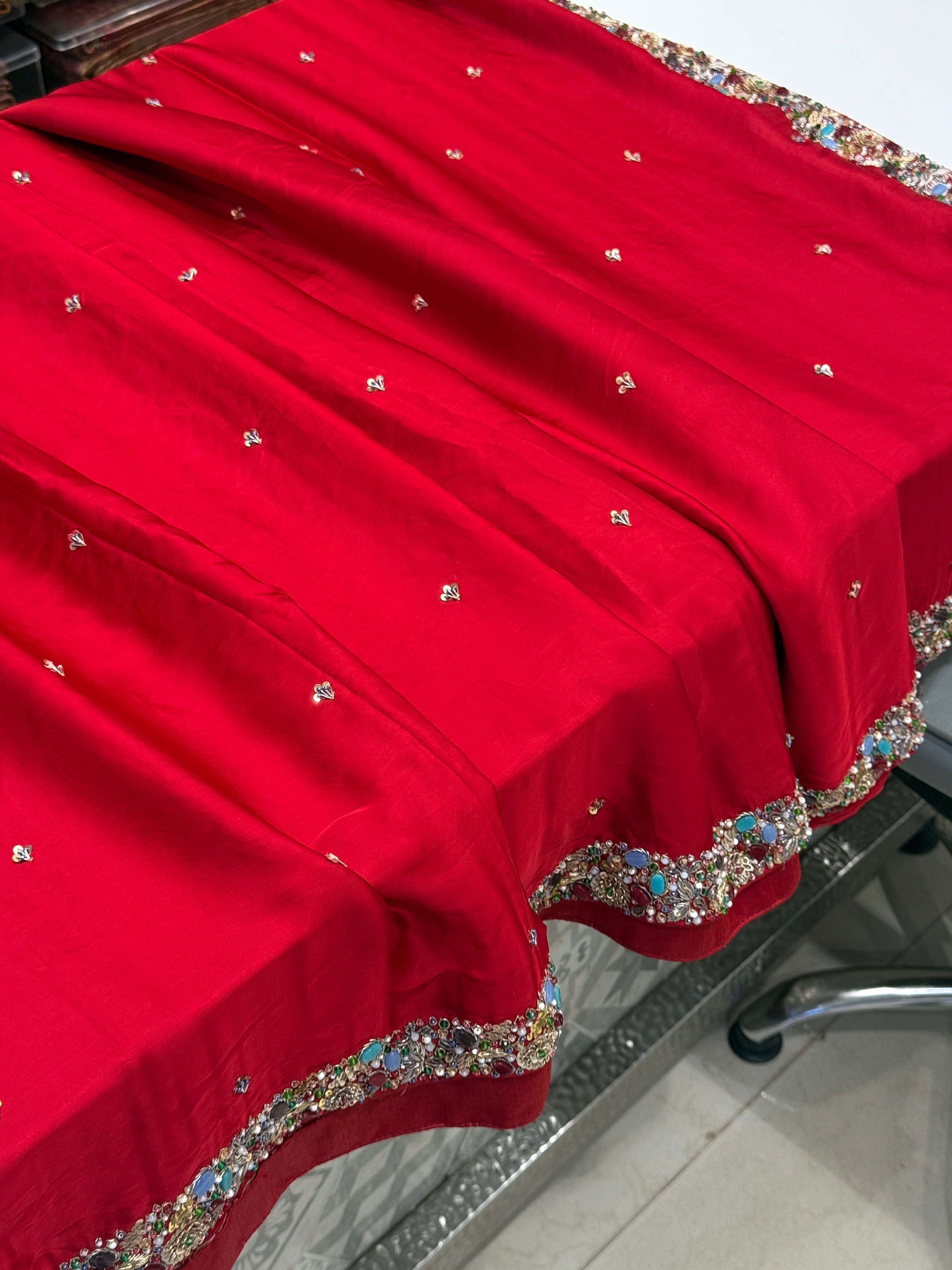 Red Isha Ambani Inspired Satin Organza Saree with Semi Precious Stones Heavy Blouse