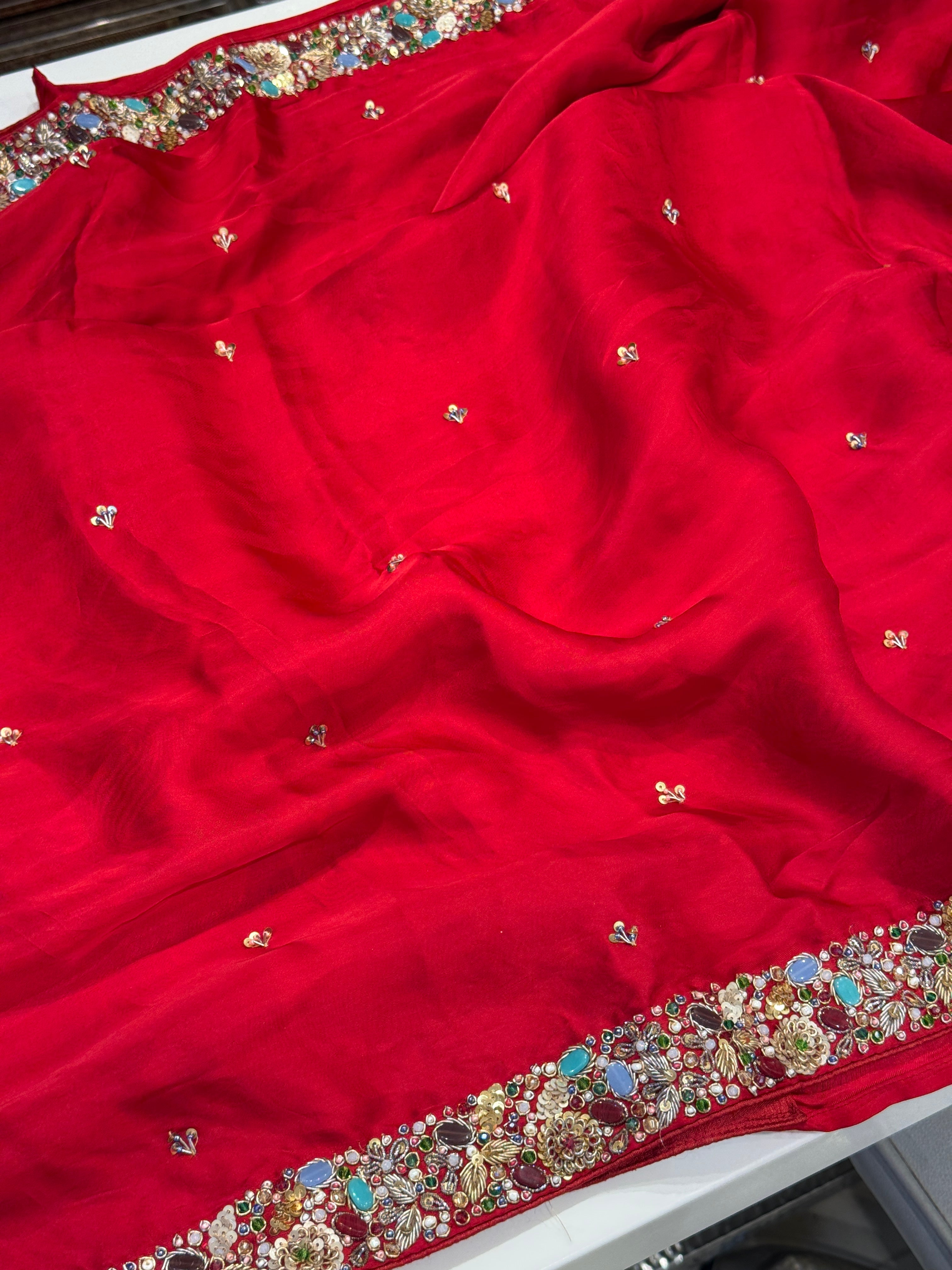 Red Isha Ambani Inspired Satin Organza Saree with Semi Precious Stones Heavy Blouse