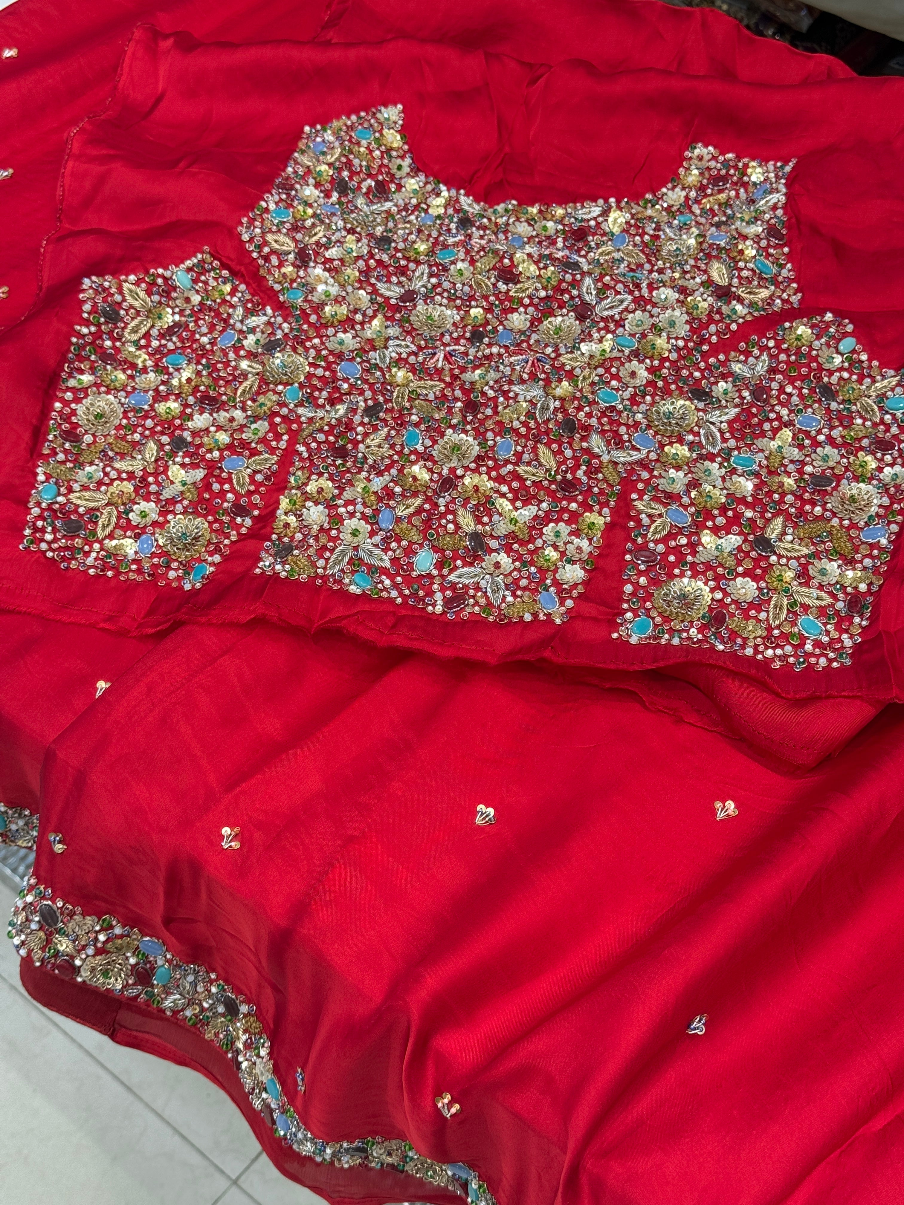 Red Isha Ambani Inspired Satin Organza Saree with Semi Precious Stones Heavy Blouse