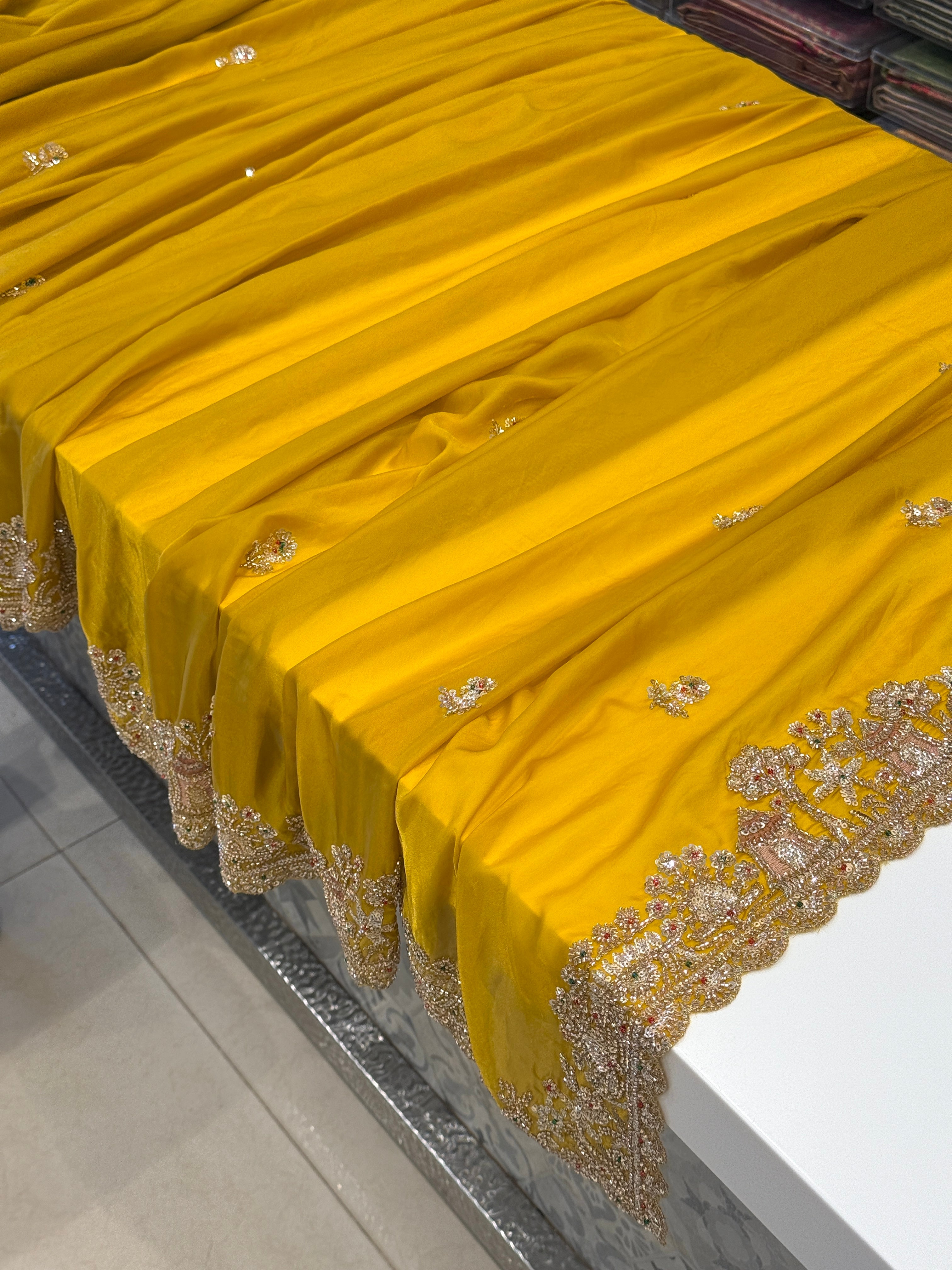 Yellow Satin Organza Embroidery Saree