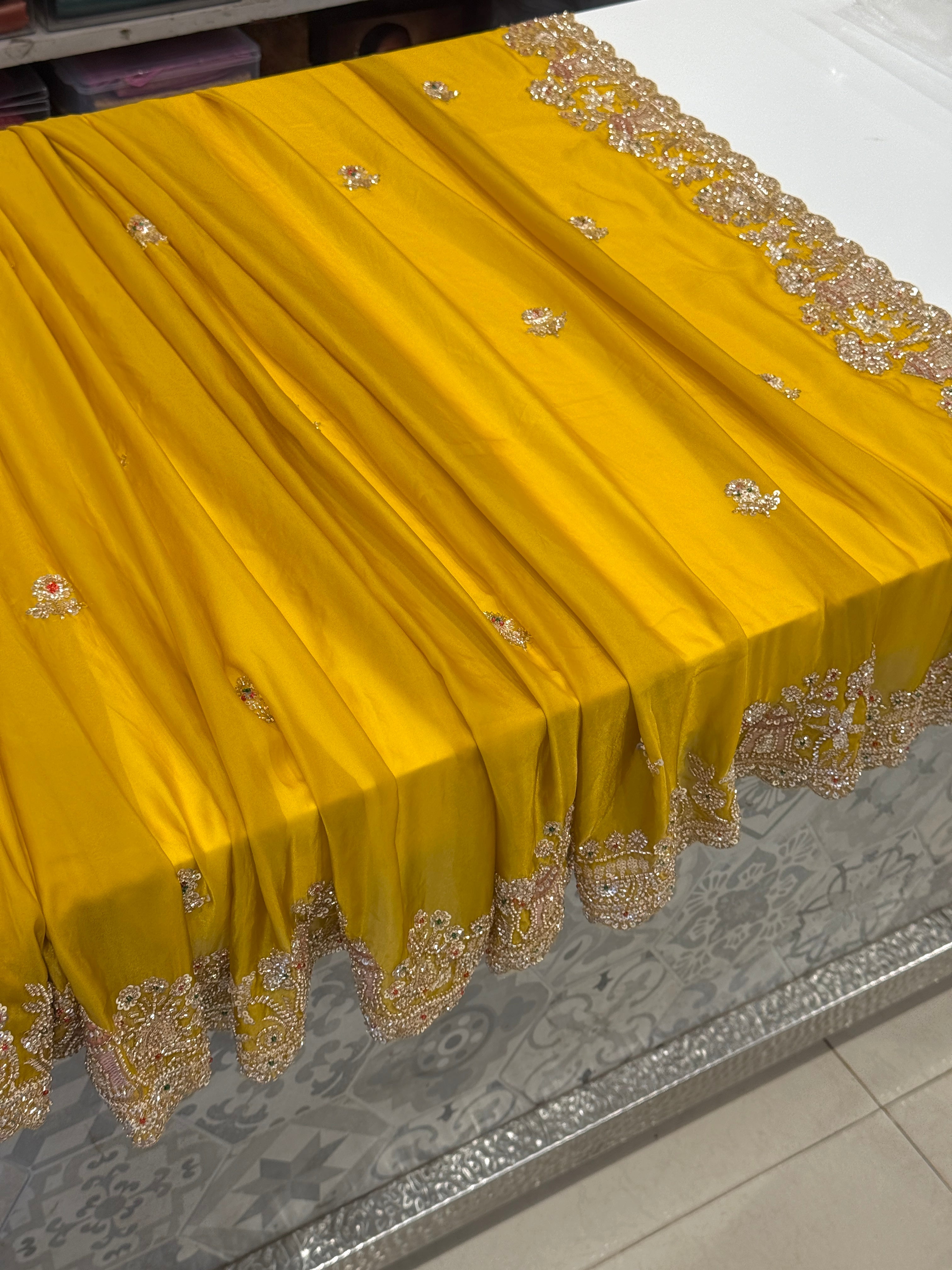 Yellow Satin Organza Embroidery Saree