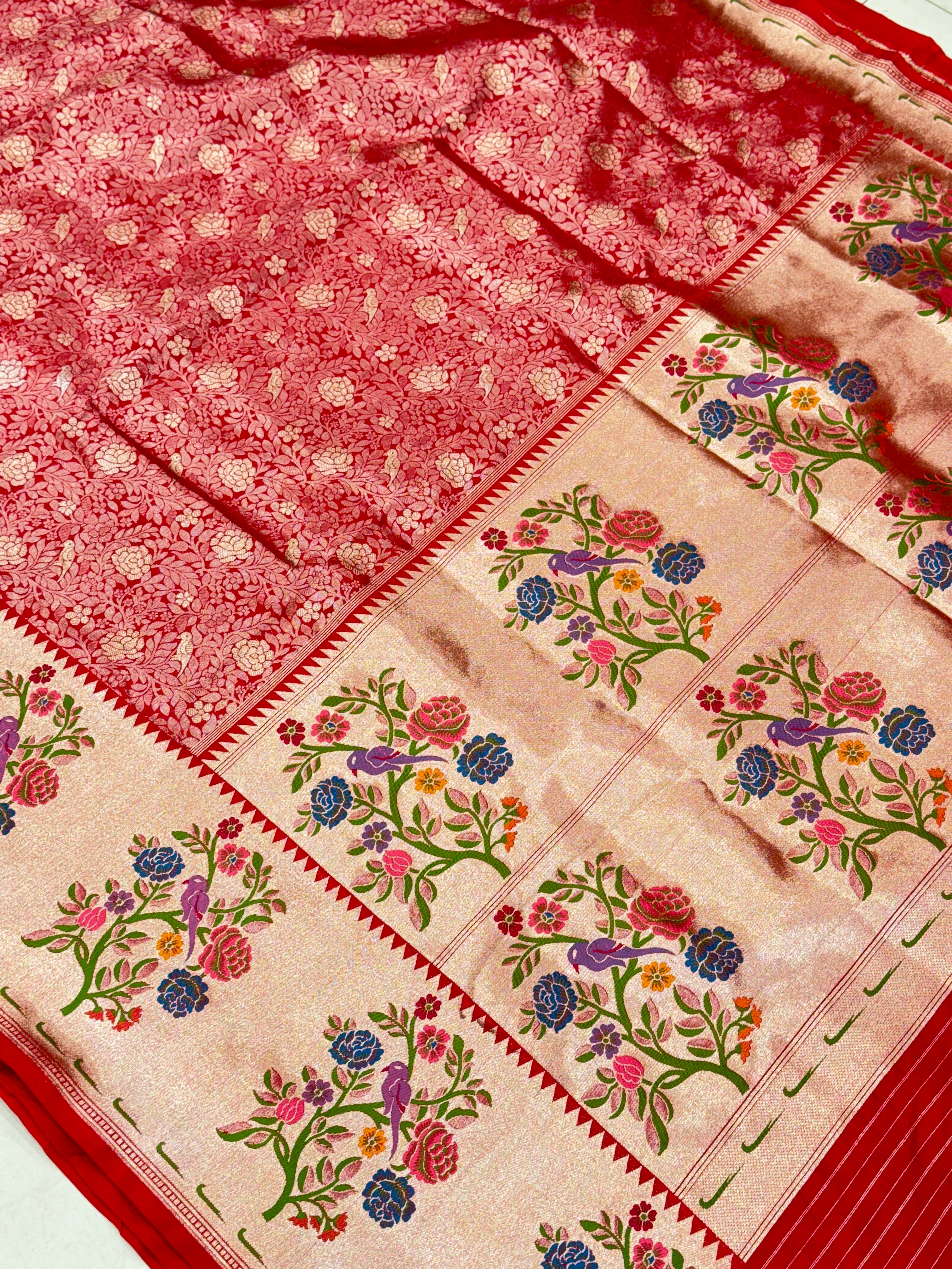 Red Banarasi Silk Rose Theme Saree