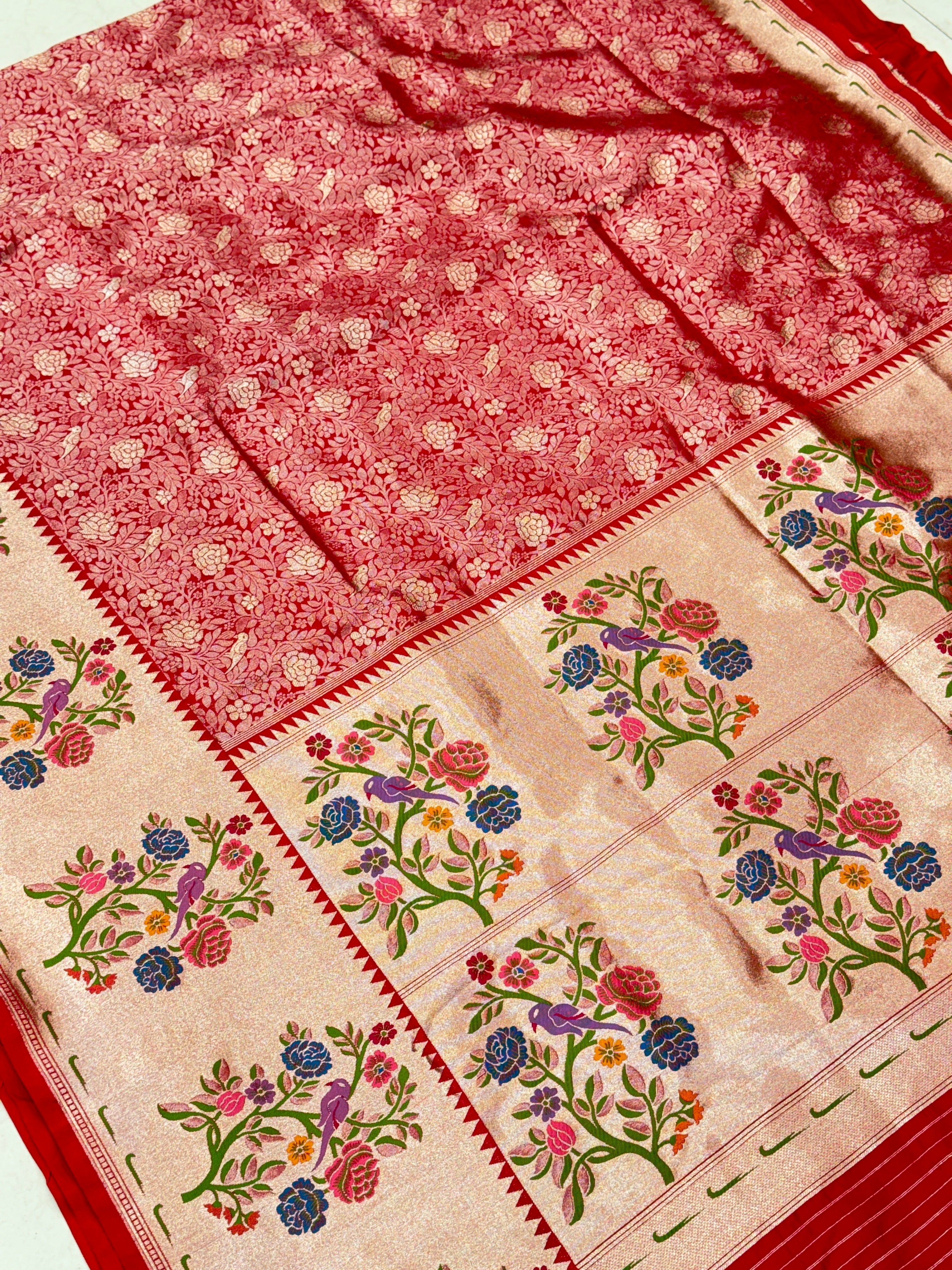Red Banarasi Silk Rose Theme Saree