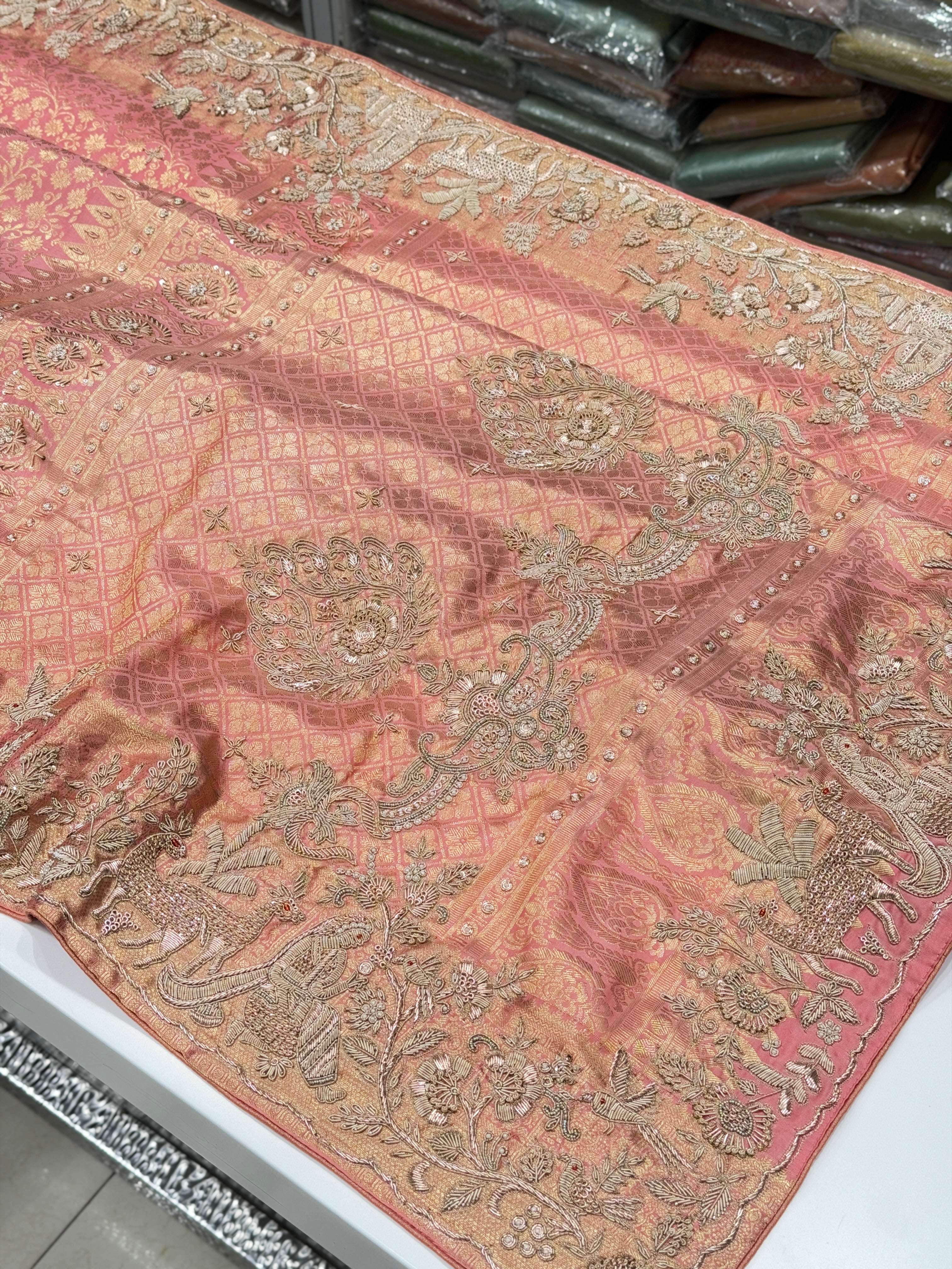 Pink Handloom Silk Kanjivaram Landscape Zardosi Saree