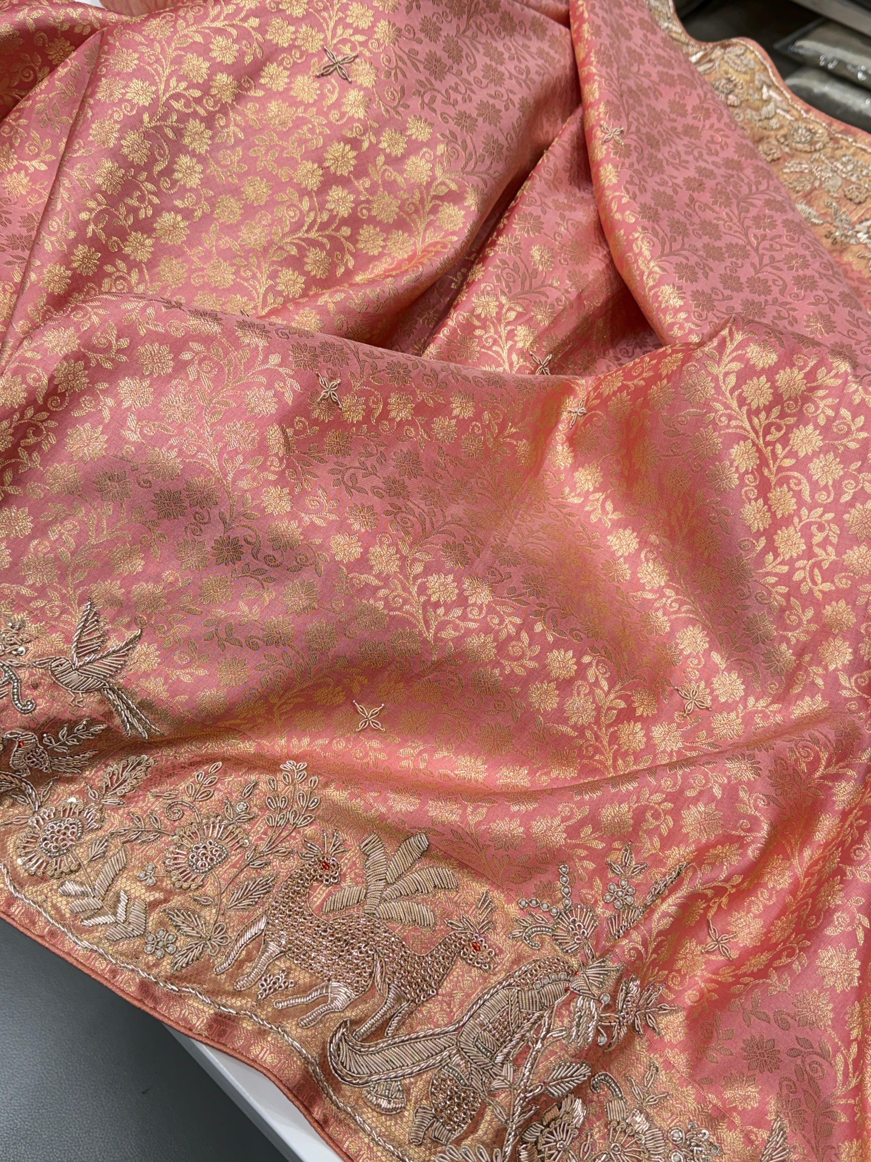 Pink Handloom Silk Kanjivaram Landscape Zardosi Saree
