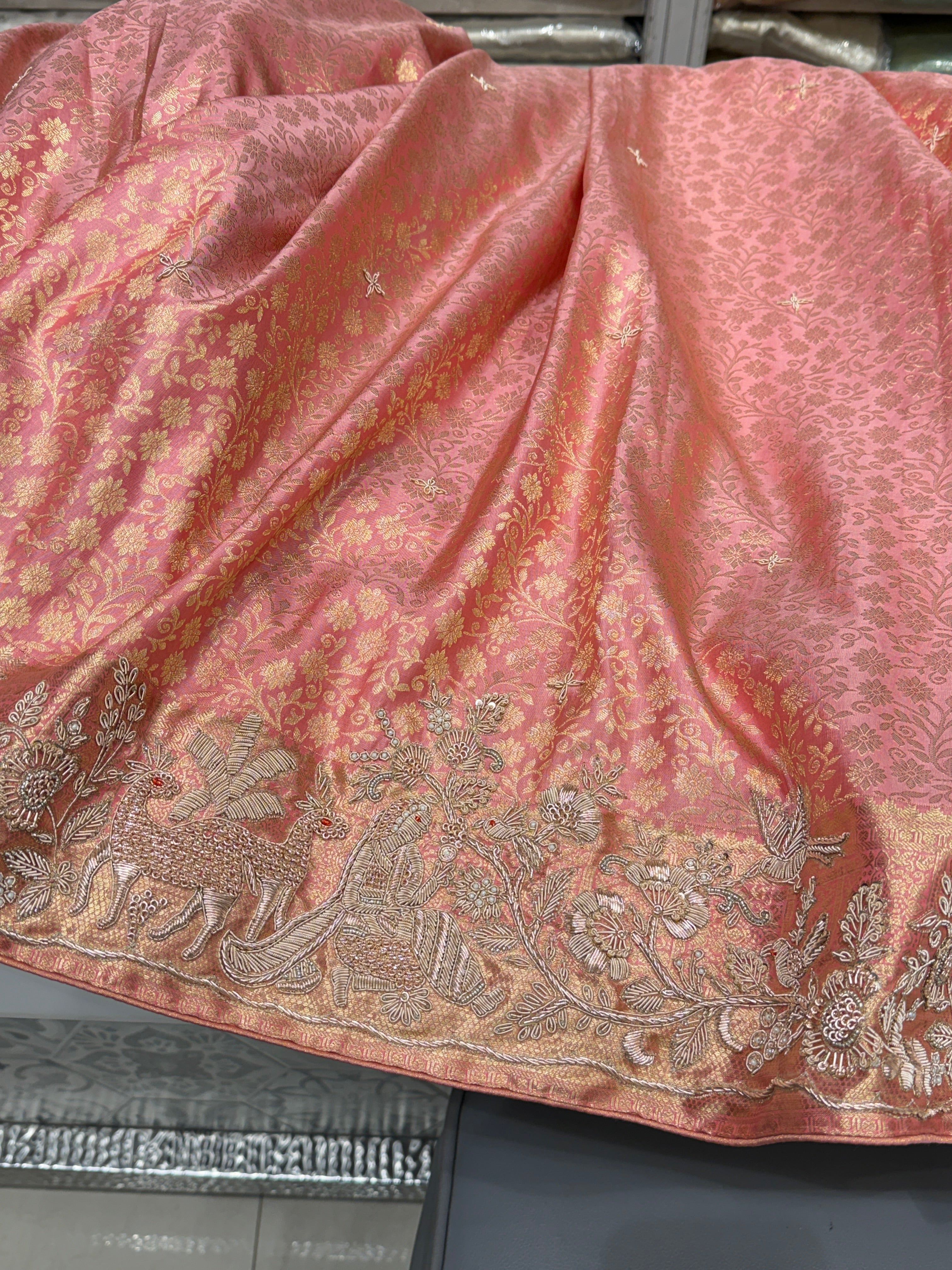 Pink Handloom Silk Kanjivaram Landscape Zardosi Saree