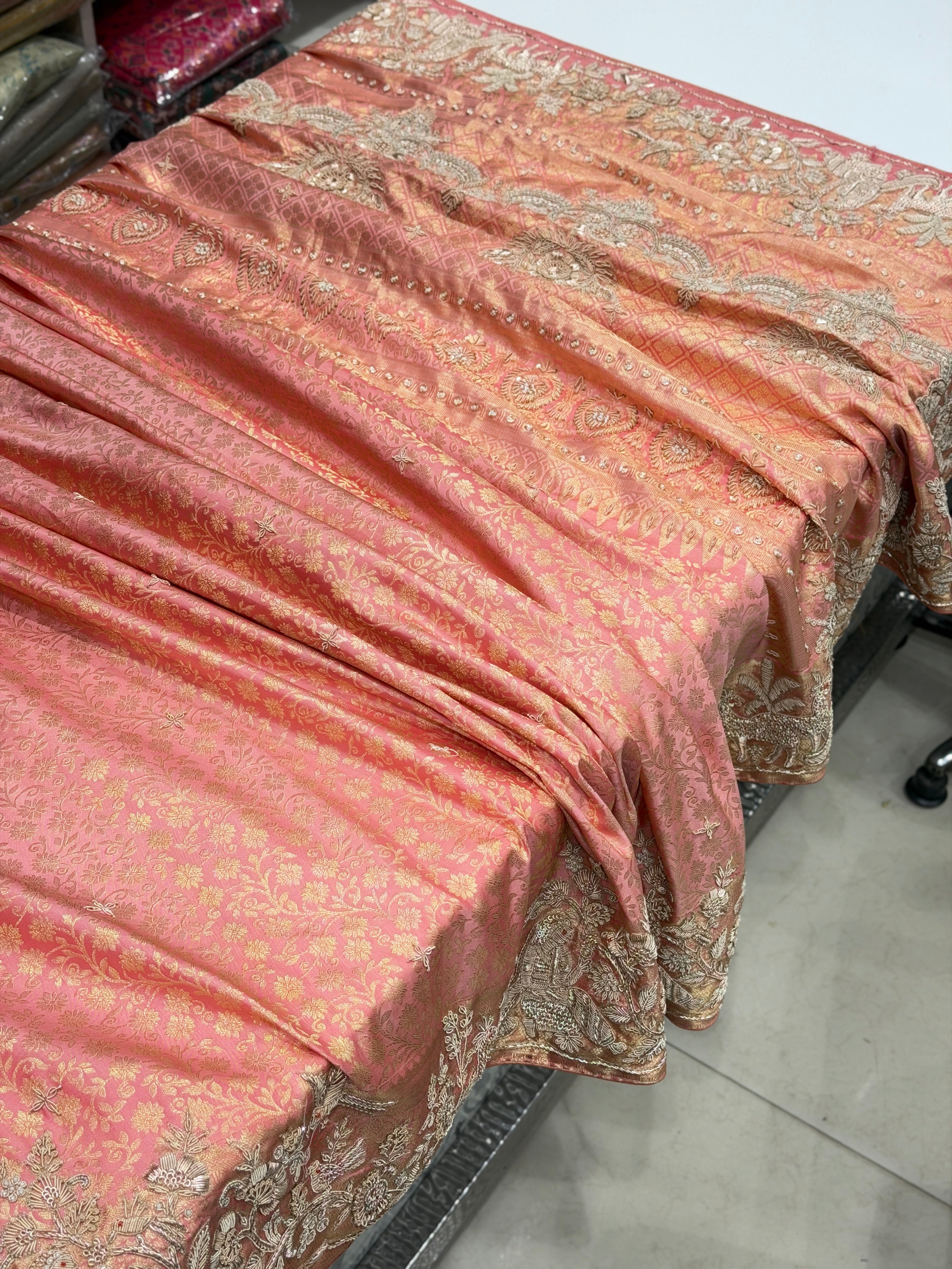 Pink Handloom Silk Kanjivaram Landscape Zardosi Saree