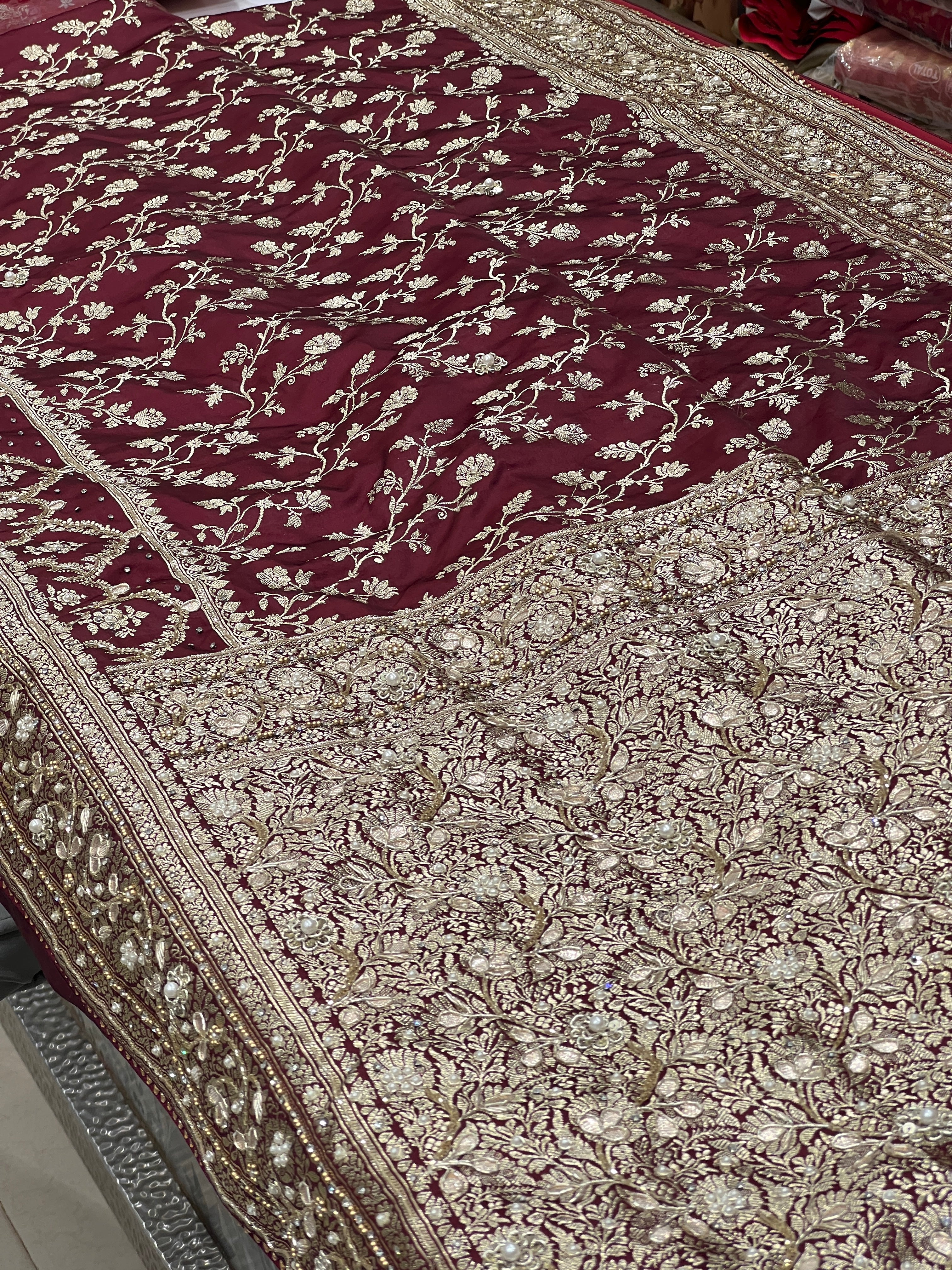 Brown Banarasi Silk Crown Border Hand Embroidery Saree