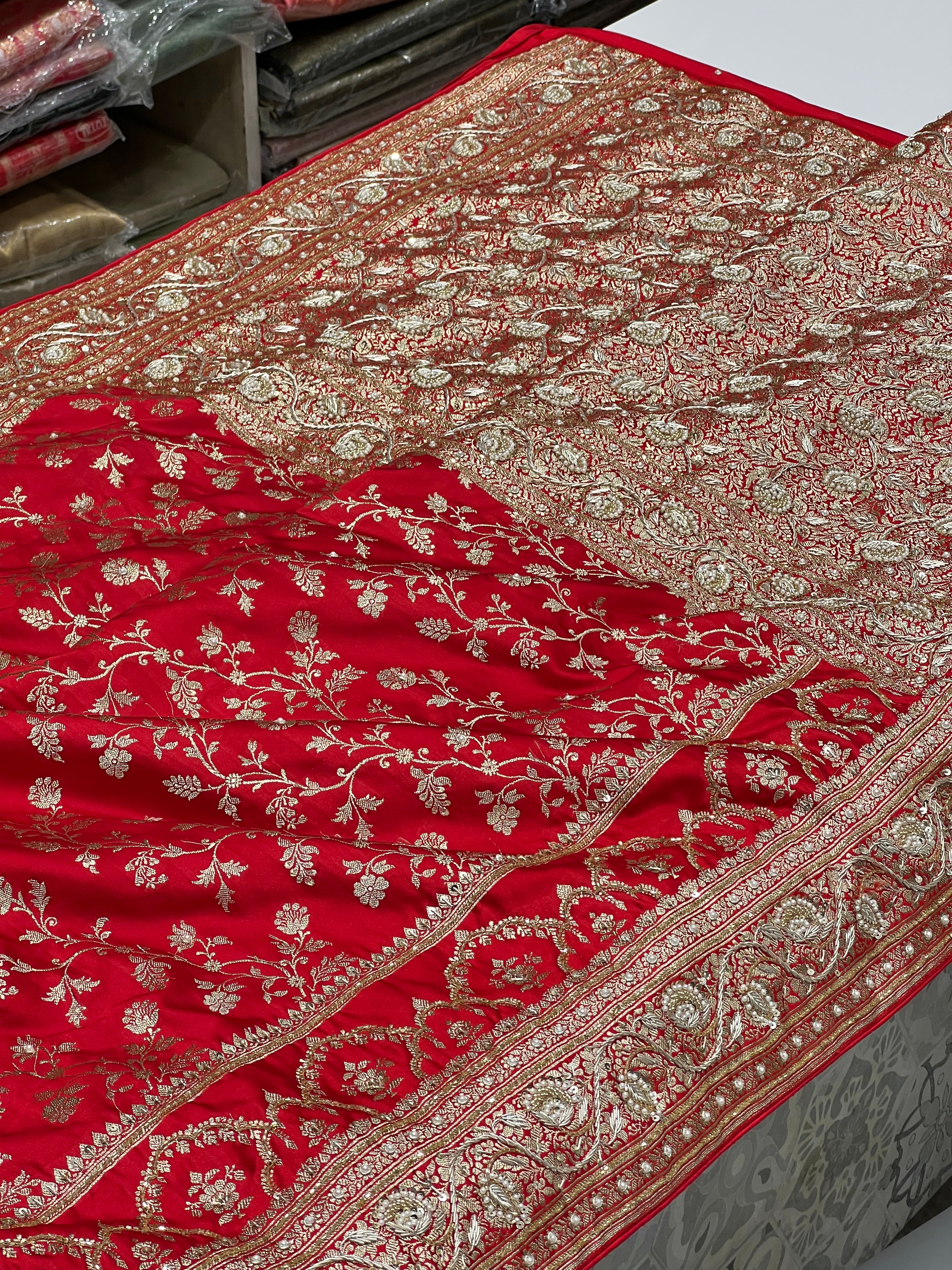 Red Banarasi Crown Border Moti Zardozi Hand Embroidery Saree