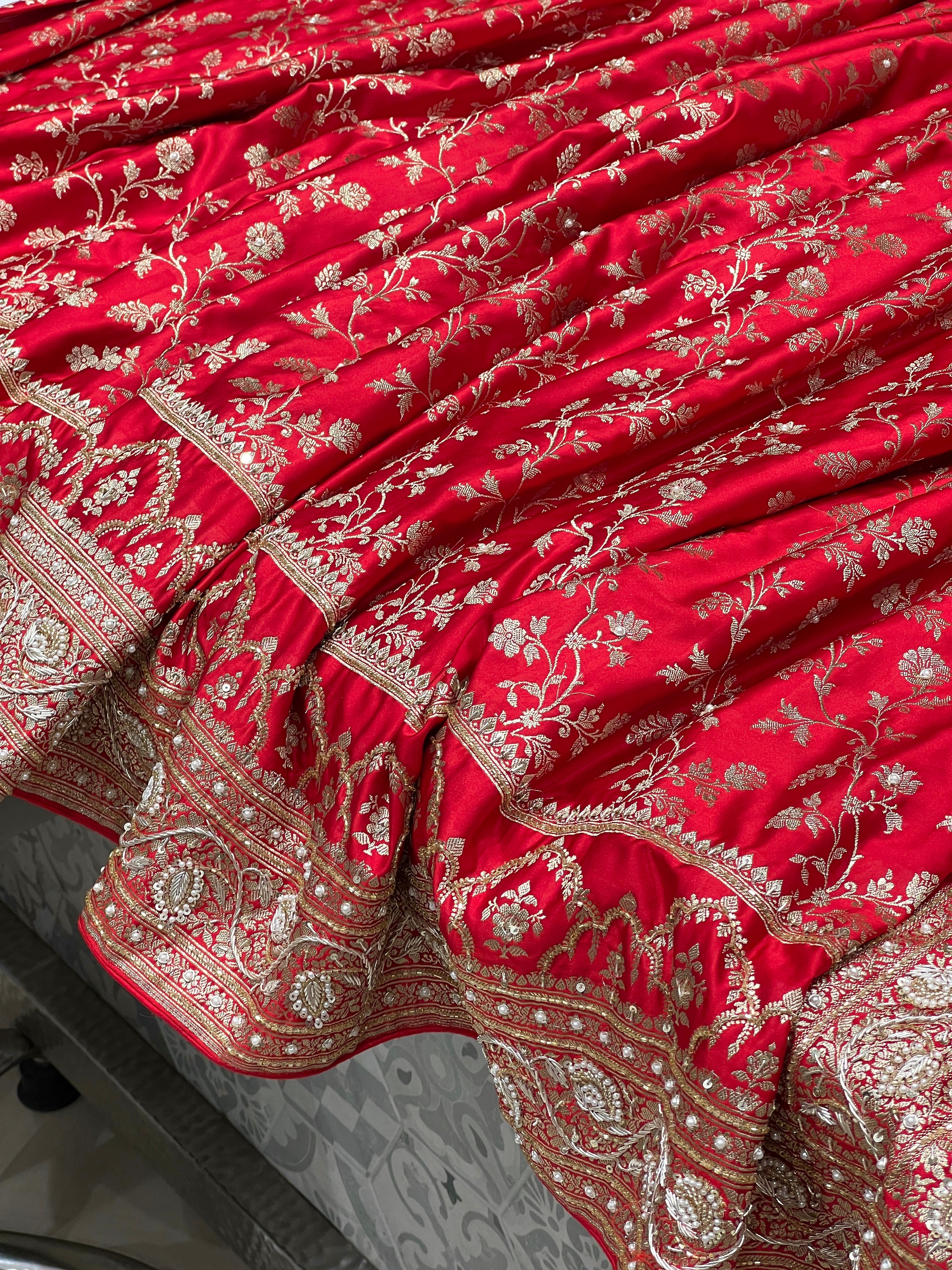 Red Banarasi Crown Border Moti Zardozi Hand Embroidery Saree