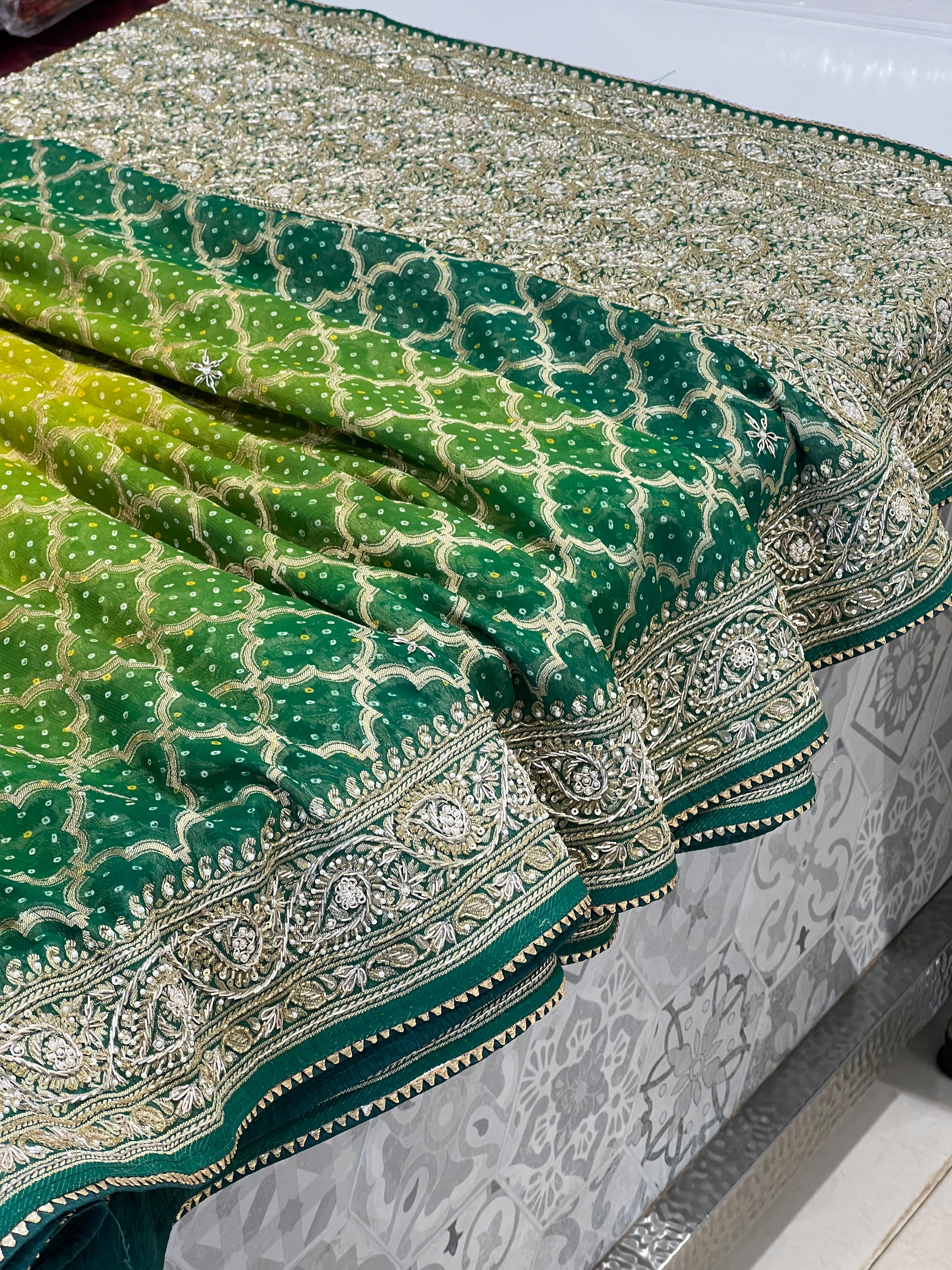 Shaded Green Bandhej Zardozi Embroidery Saree