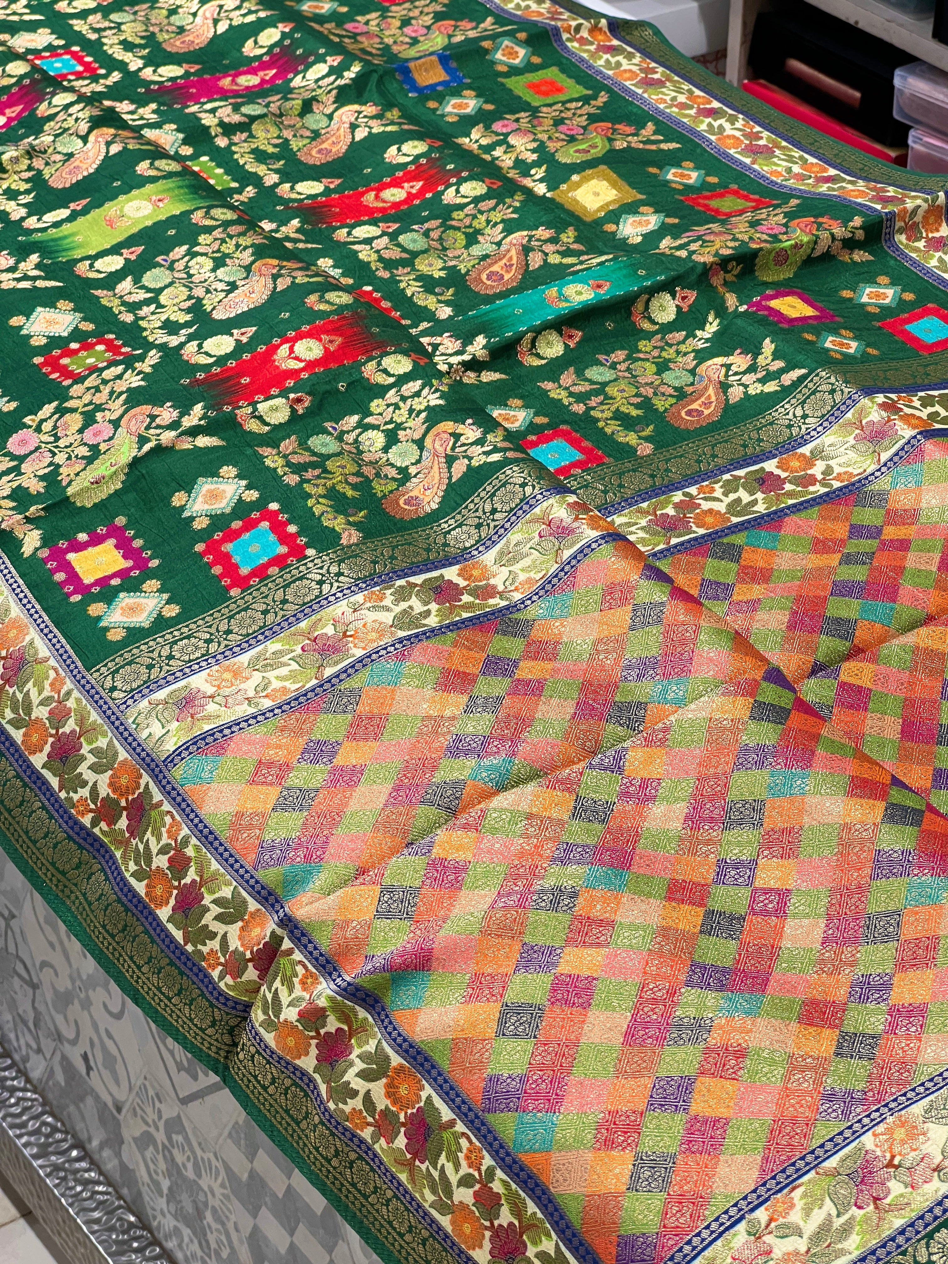 Green Banarasi Munga Peacock Theme Saree