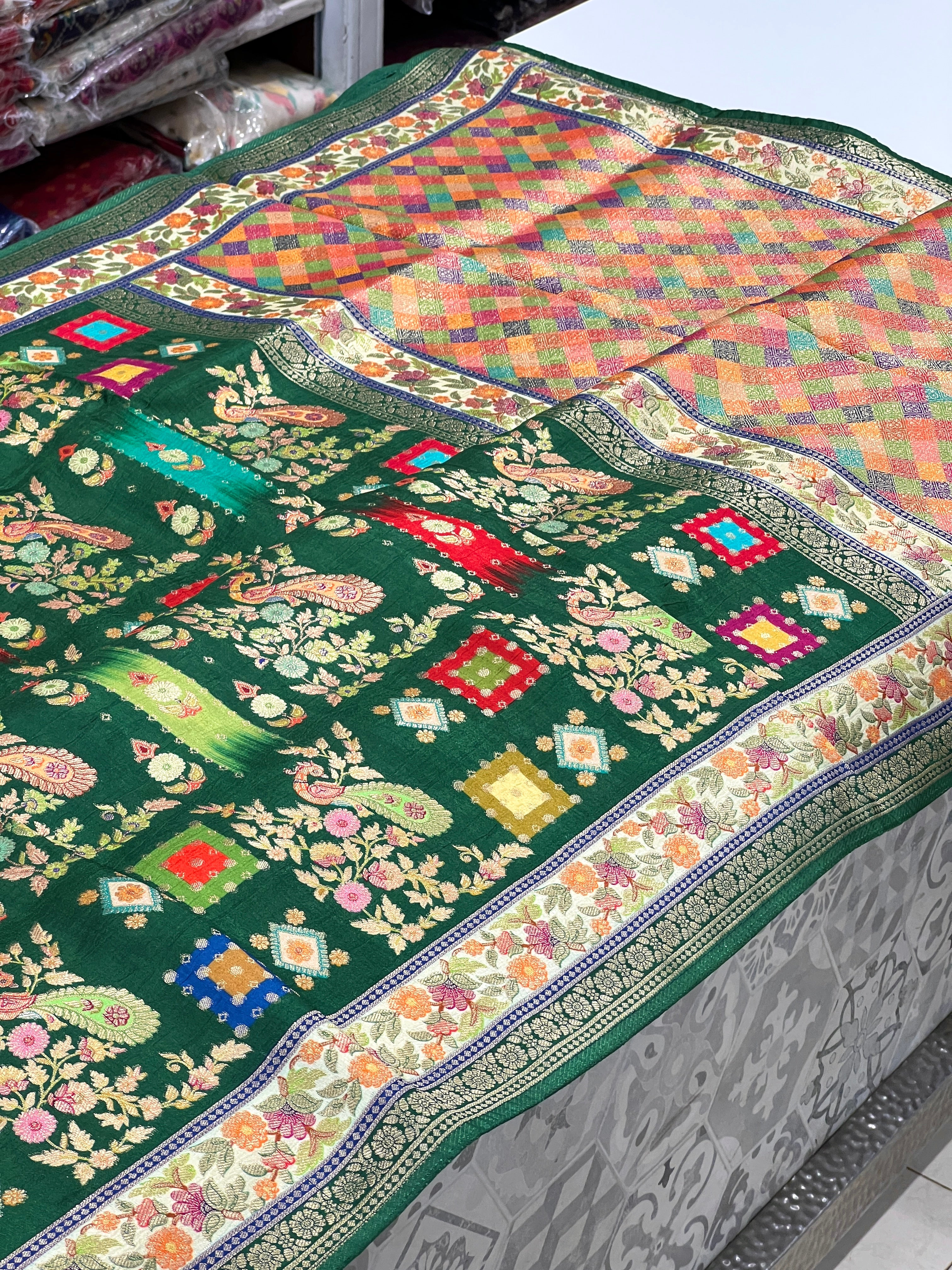 Green Banarasi Munga Peacock Theme Saree