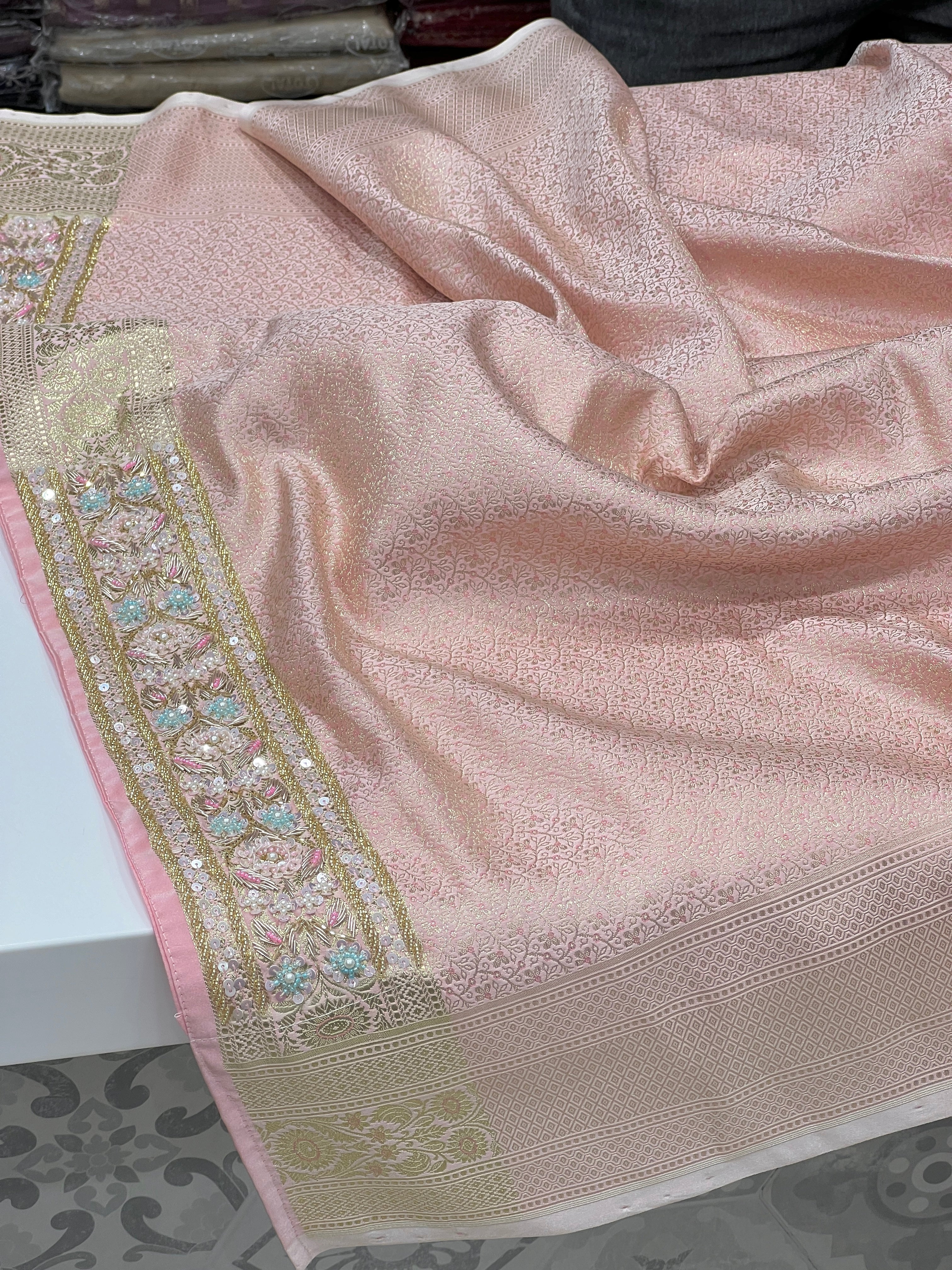 Pink Banarasi Silk Fancy Contrast Hand Embroidery Saree