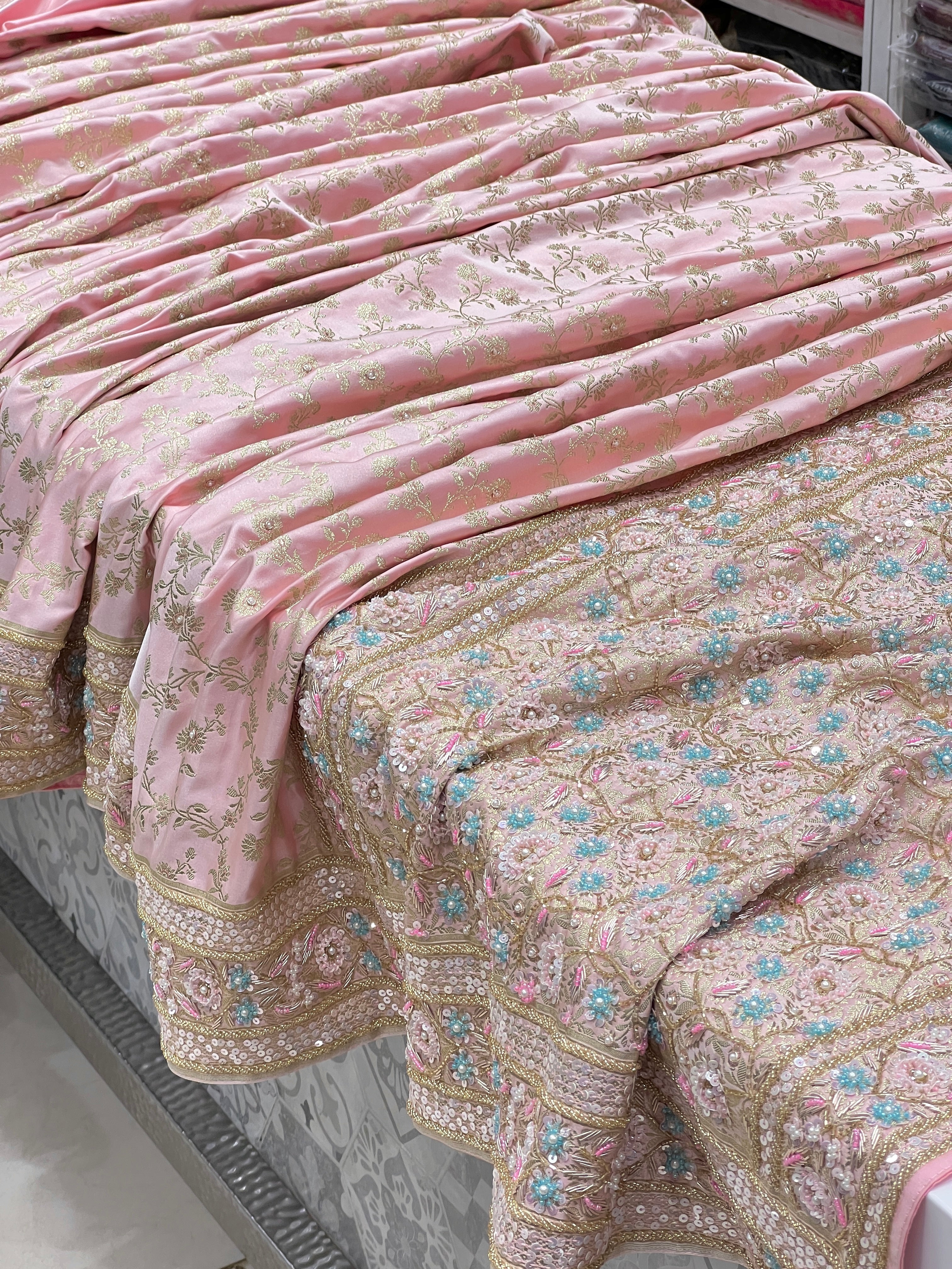 Pink Banarasi Silk Fancy Contrast Hand Embroidery Saree