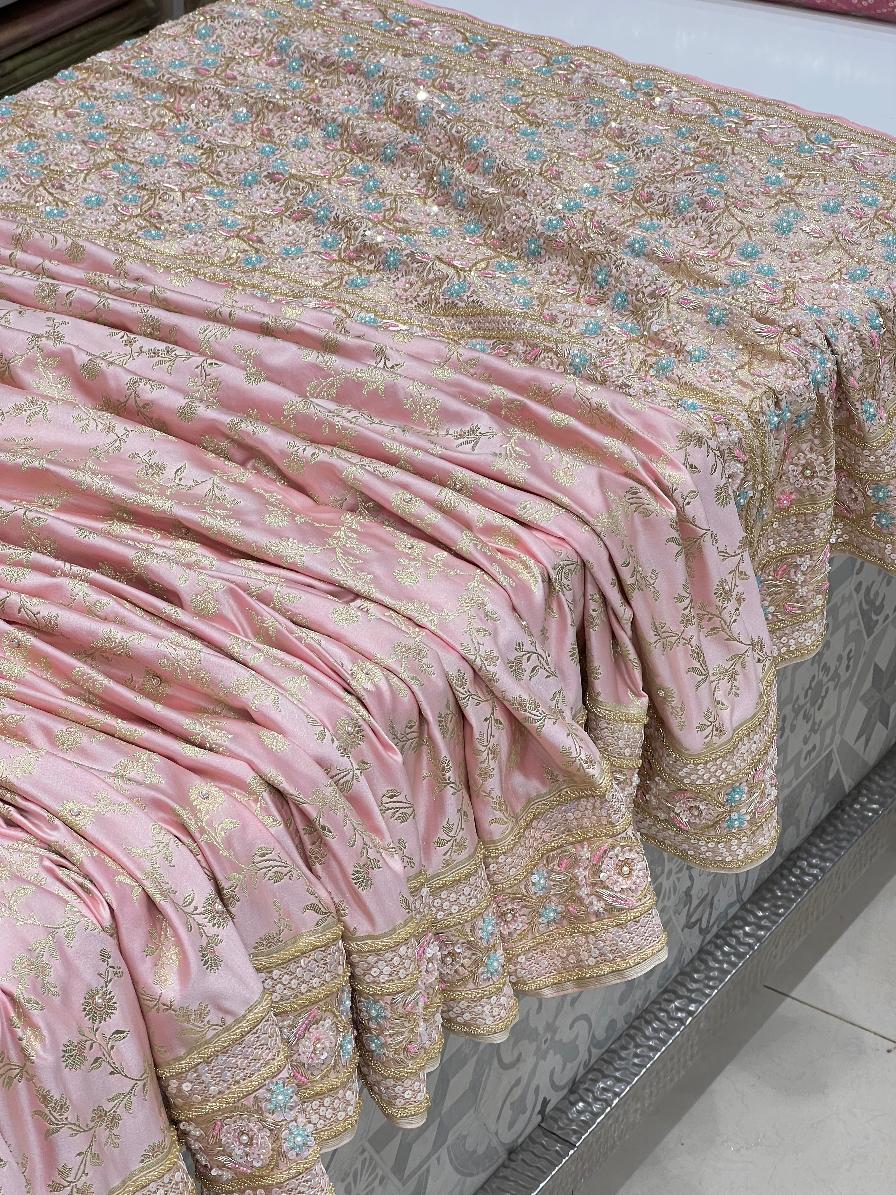 Pink Banarasi Silk Fancy Contrast Hand Embroidery Saree