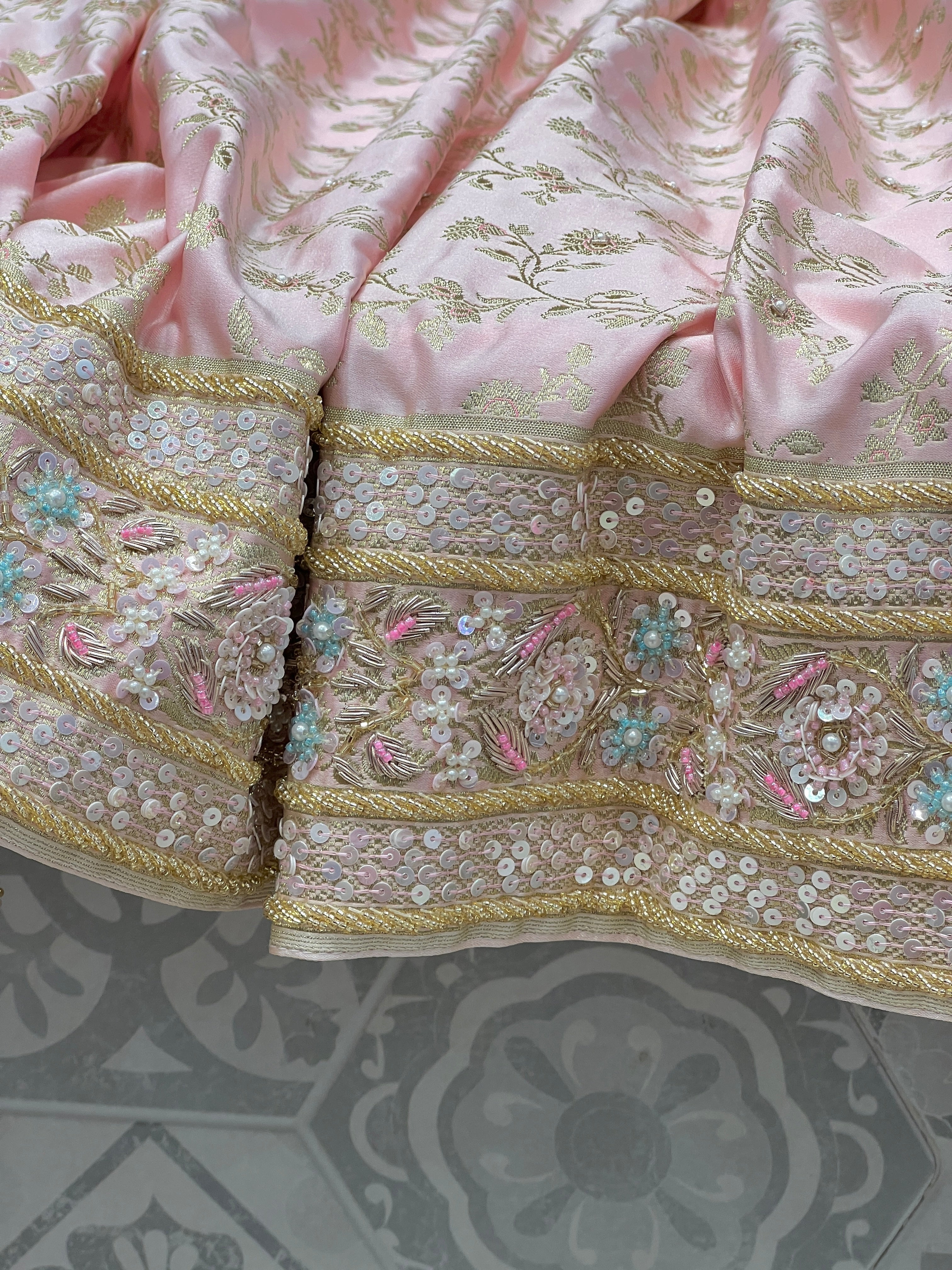 Pink Banarasi Silk Fancy Contrast Hand Embroidery Saree