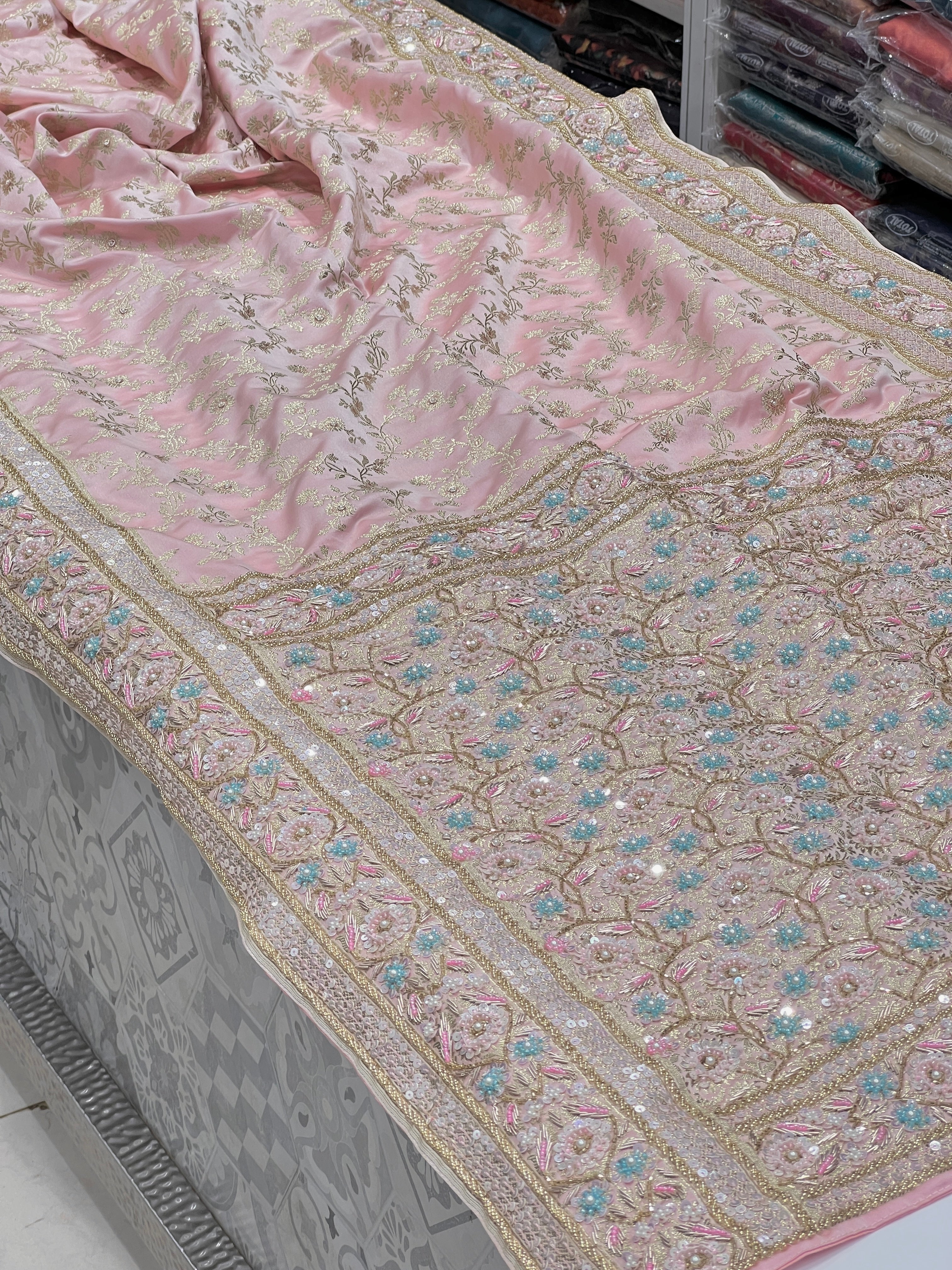 Pink Banarasi Silk Fancy Contrast Hand Embroidery Saree