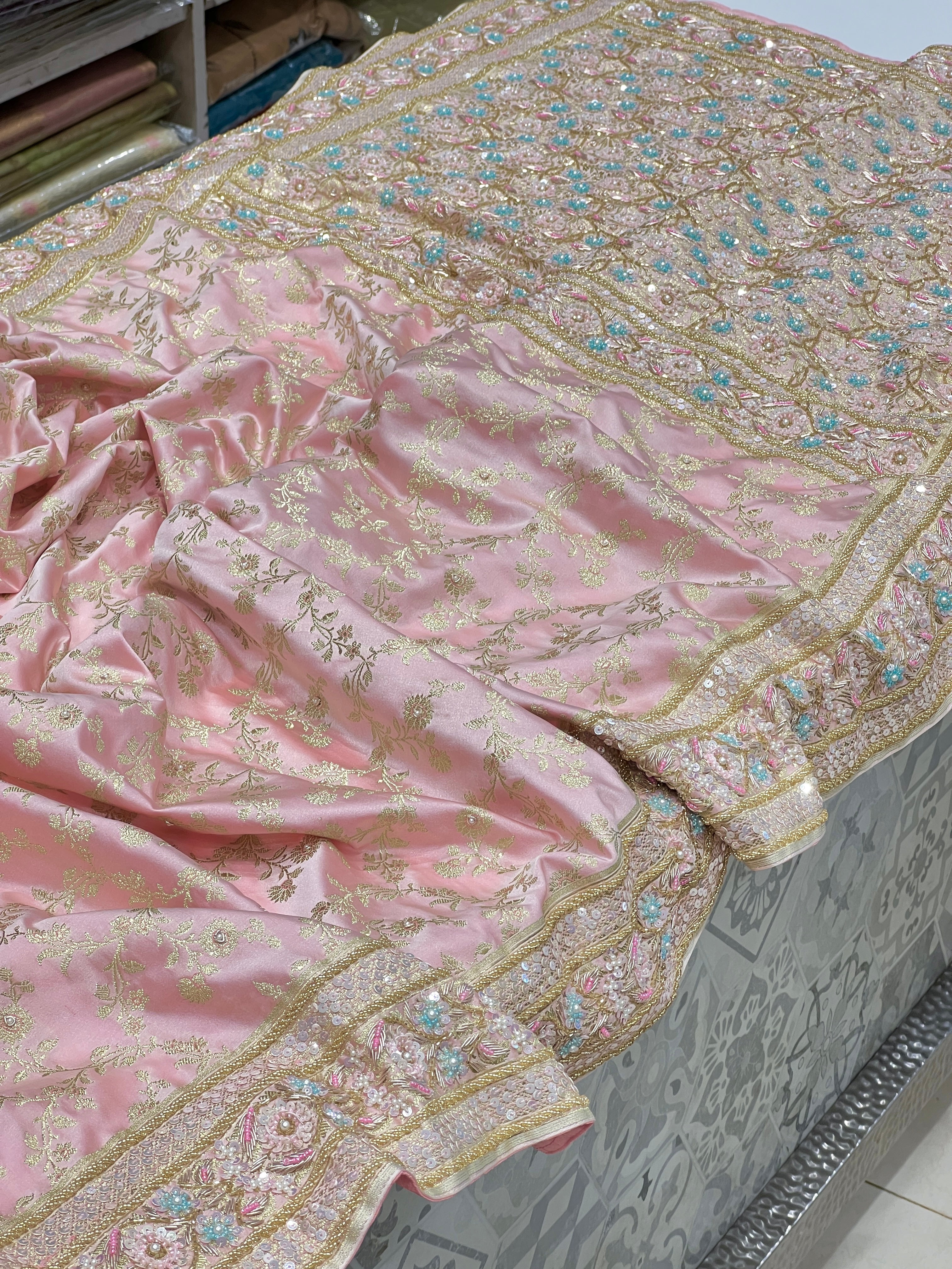 Pink Banarasi Silk Fancy Contrast Hand Embroidery Saree