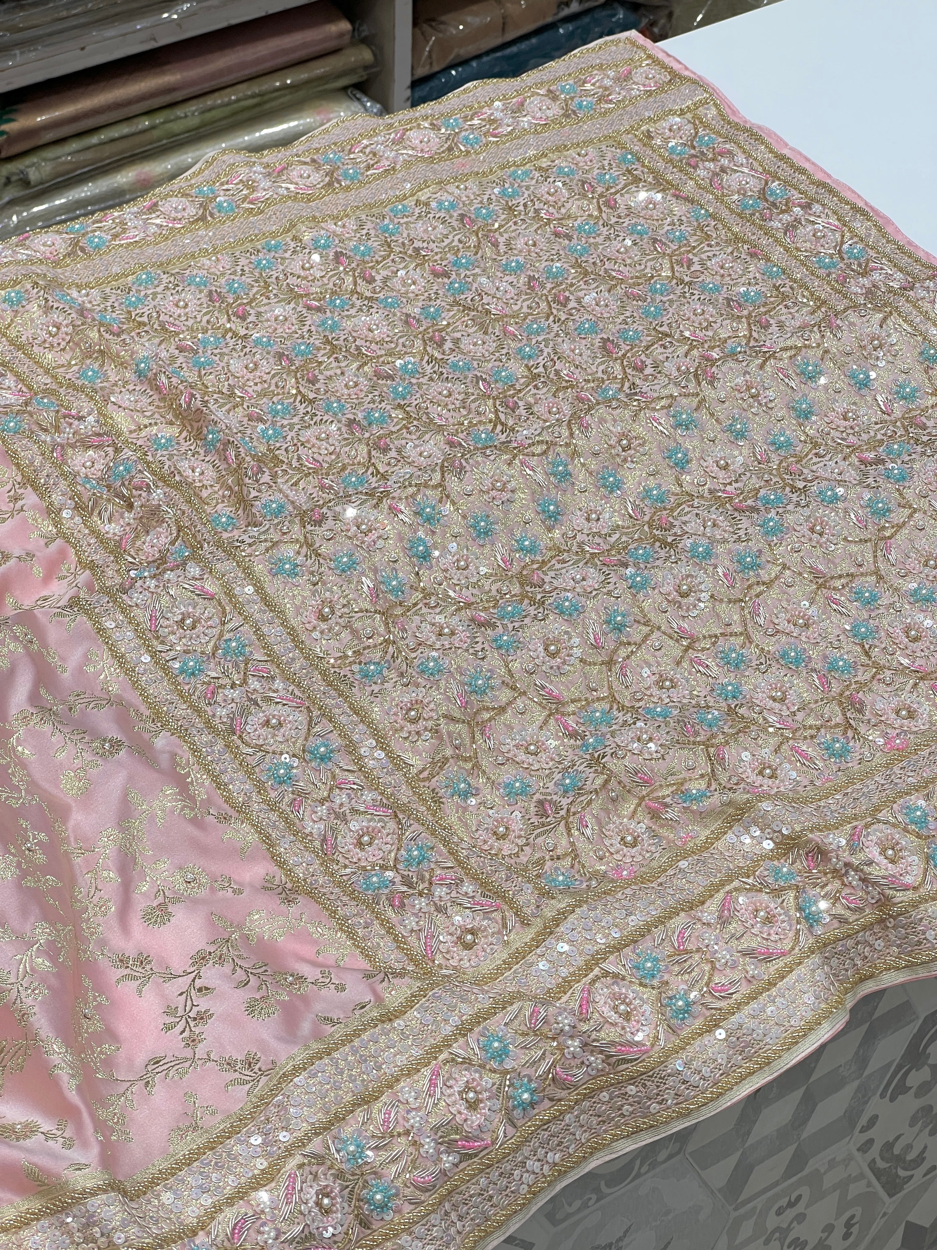 Pink Banarasi Silk Fancy Contrast Hand Embroidery Saree