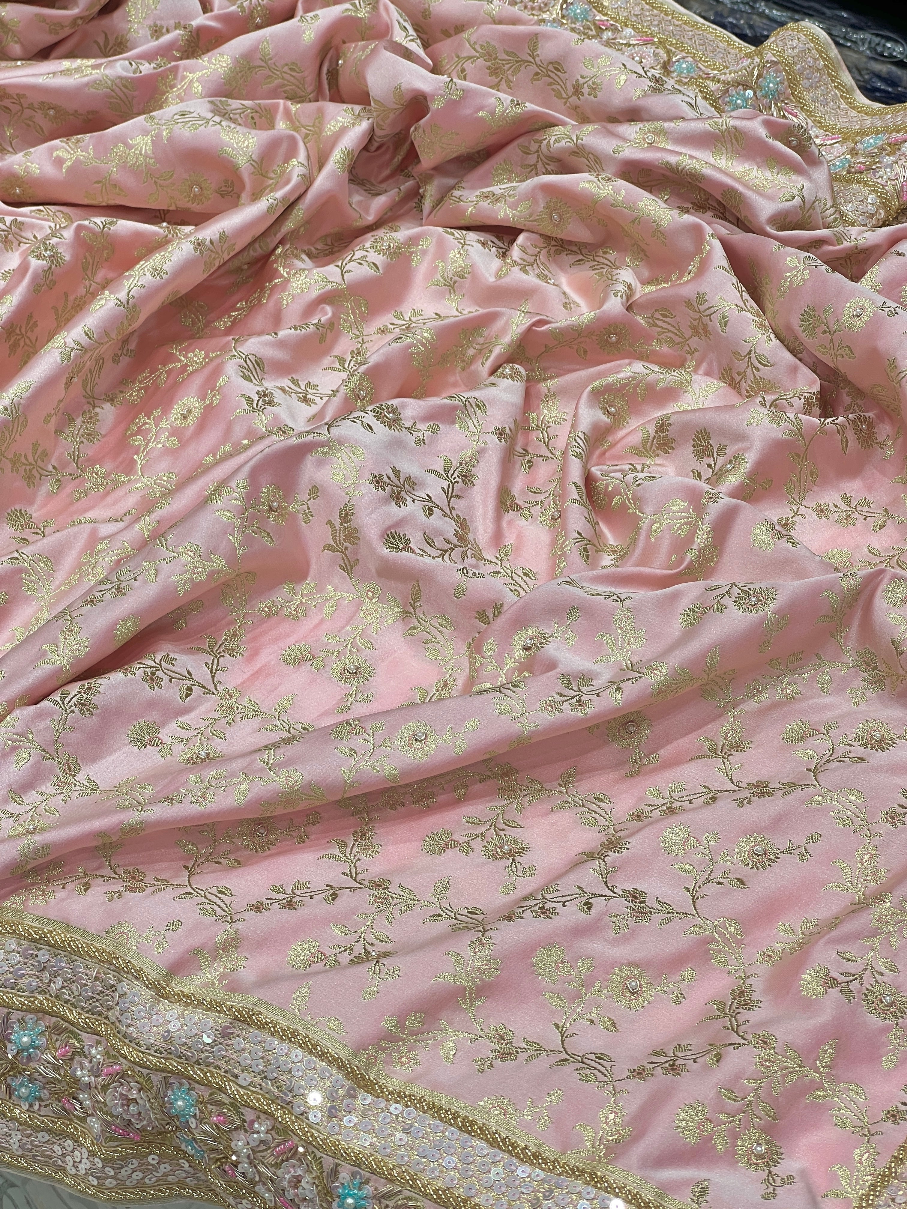 Pink Banarasi Silk Fancy Contrast Hand Embroidery Saree