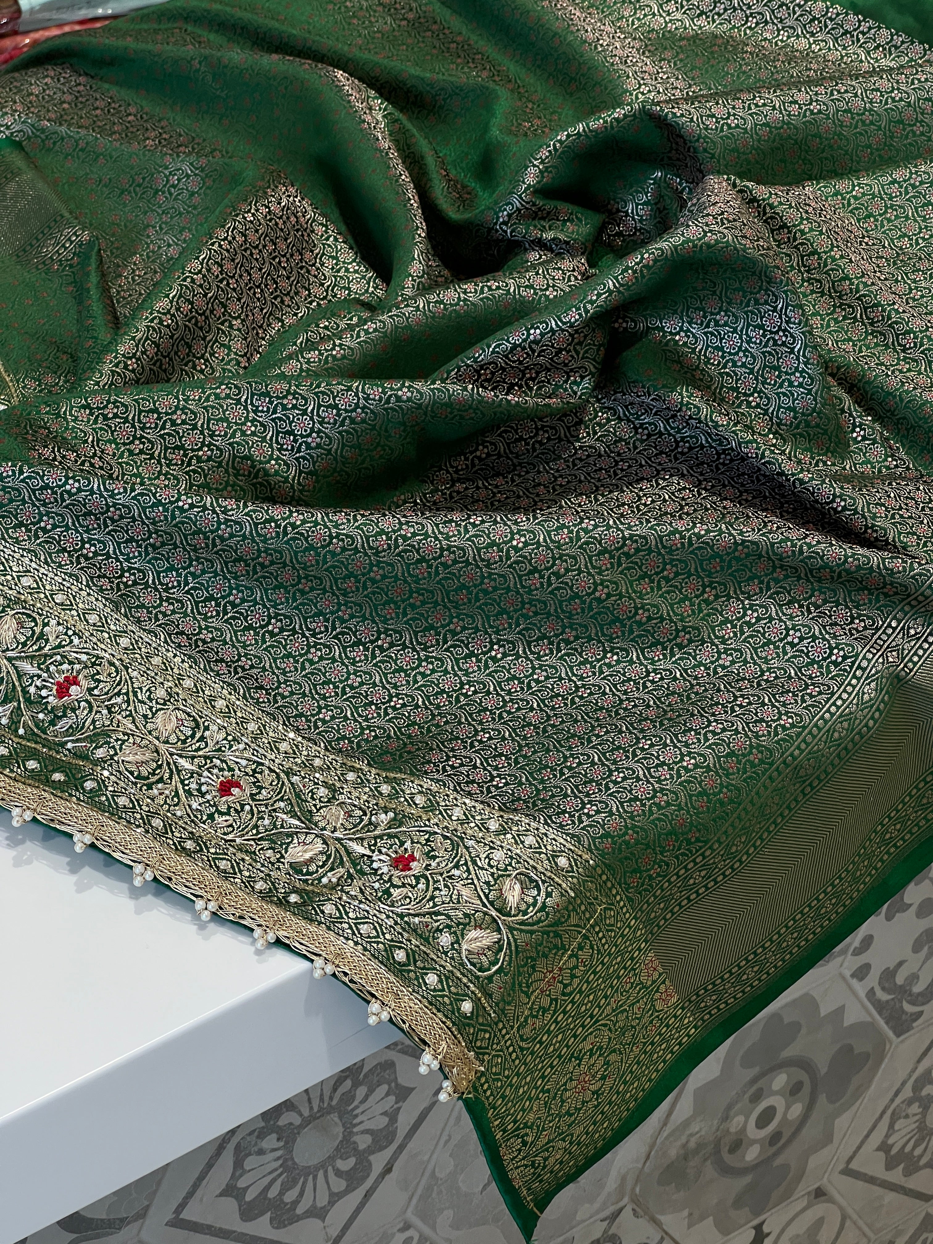 Bottle Green Banarasi Periwinkle Hand Embroidery Saree