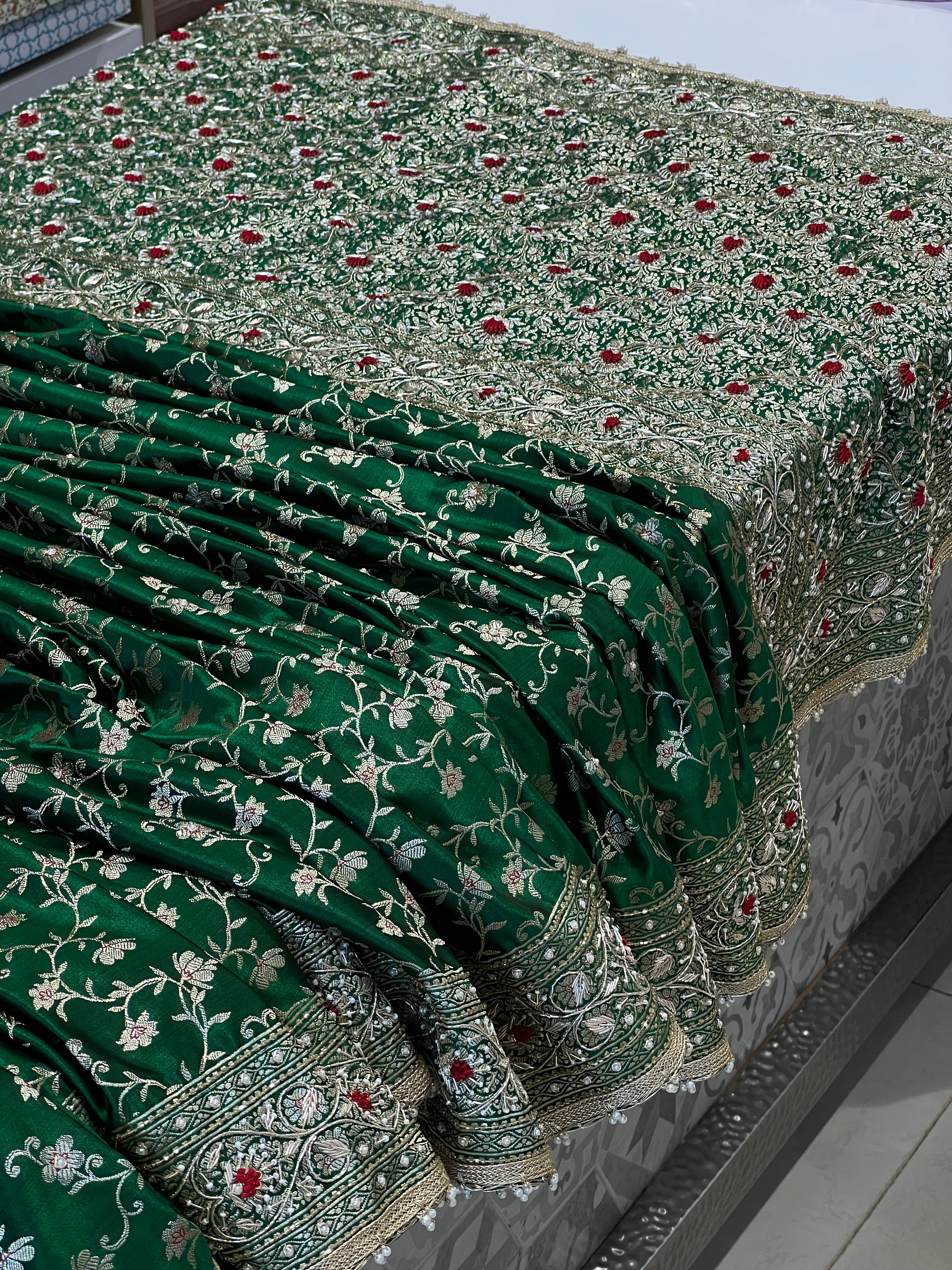 Bottle Green Banarasi Periwinkle Hand Embroidery Saree
