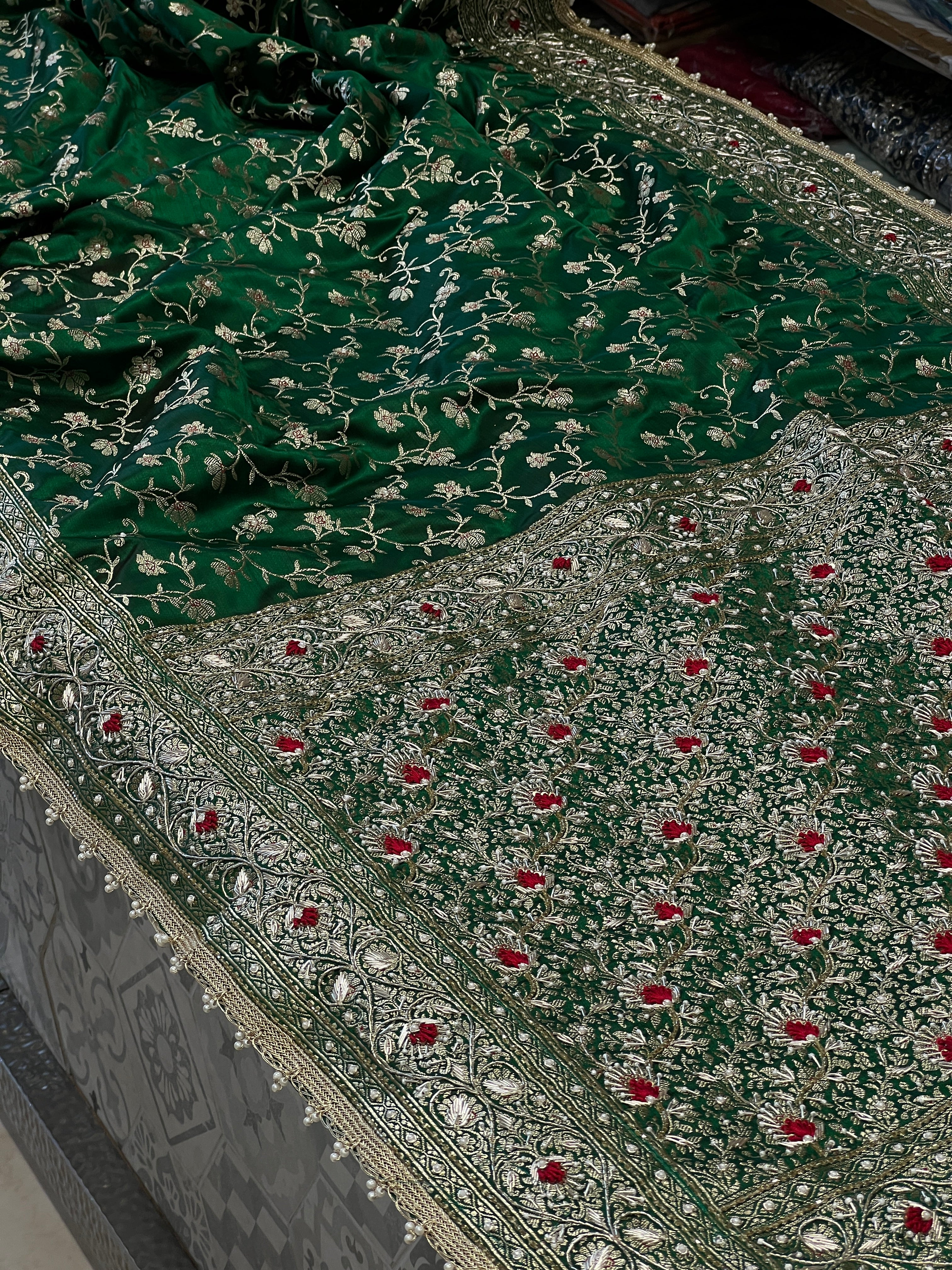 Bottle Green Banarasi Periwinkle Hand Embroidery Saree